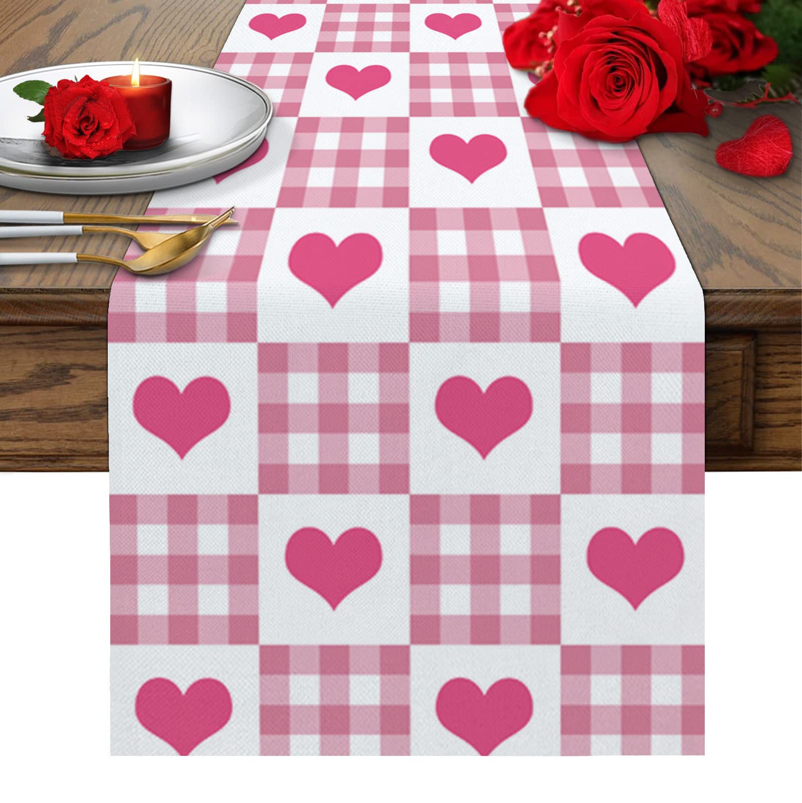 Valentine's Day Pink Table Runner 13x70 Inch - Love Hearts Cotton Linen Tablecloth for Wedding, Party, Coffee & Dining Table Decor - Buffalo Plaid Check Home Decoration (Perfect for Romantic Dinners, Bridal Showers & Holiday Celebrations)