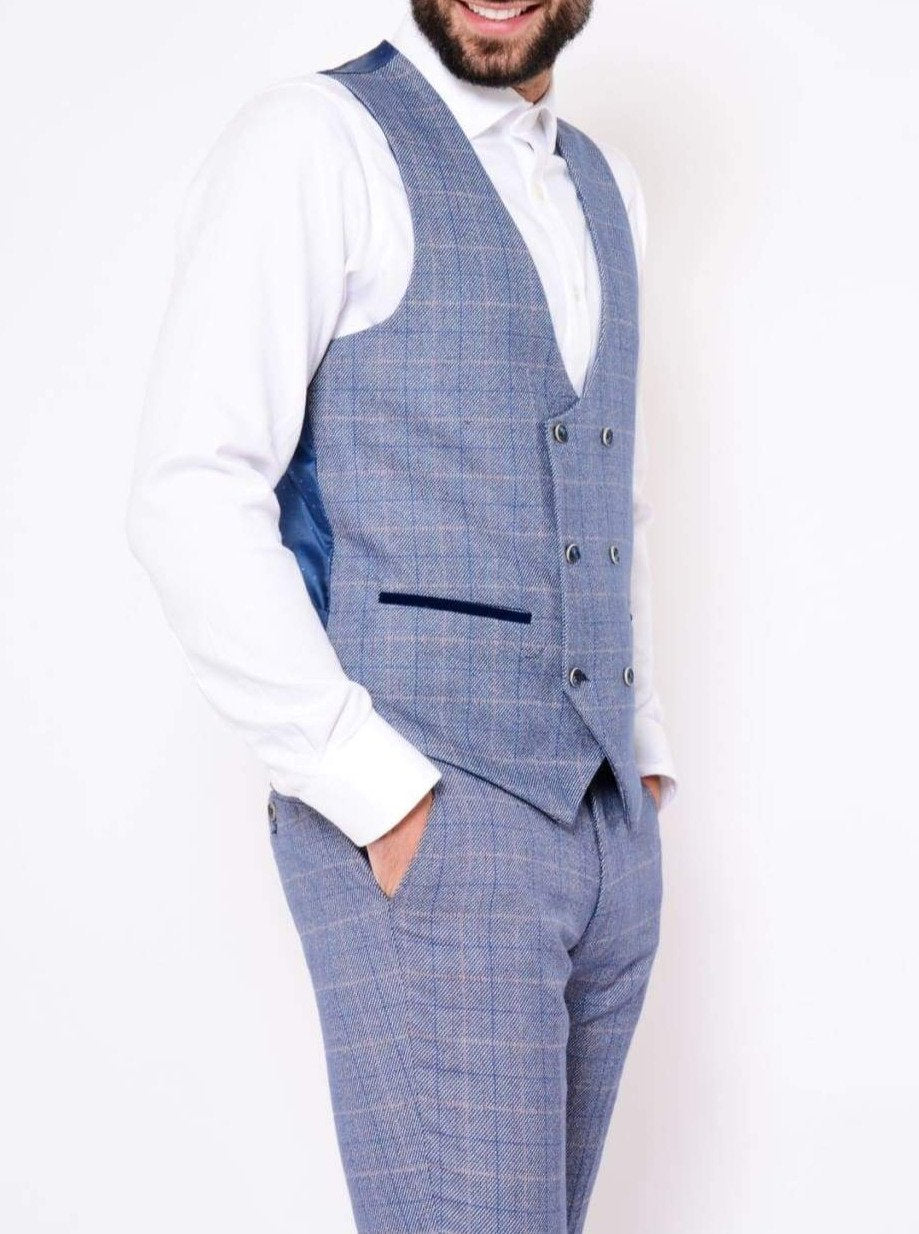 Marc Darcy Hilton Blue Tweed Check Double Breasted Waistcoat for Men | Vintage Style Formal Vest | Perfect for Weddings, Business Meetings & Special Occasions