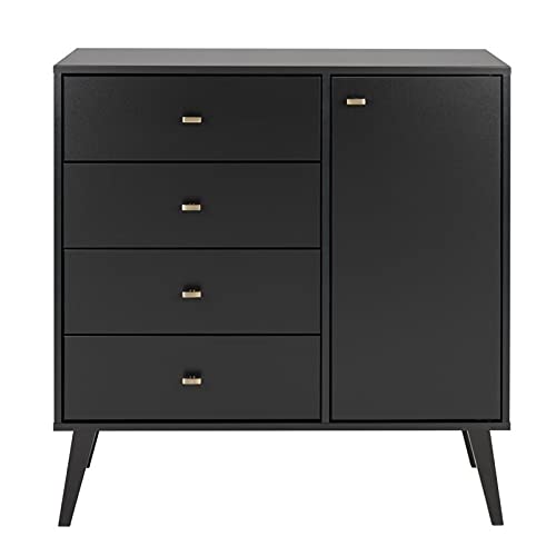 Mid Century Modern 4-Drawer Chest with Door - Black Wooden Dresser for Bedroom Storage | Vintage Style Bedroom Furniture for Home Organization & Closet Storage