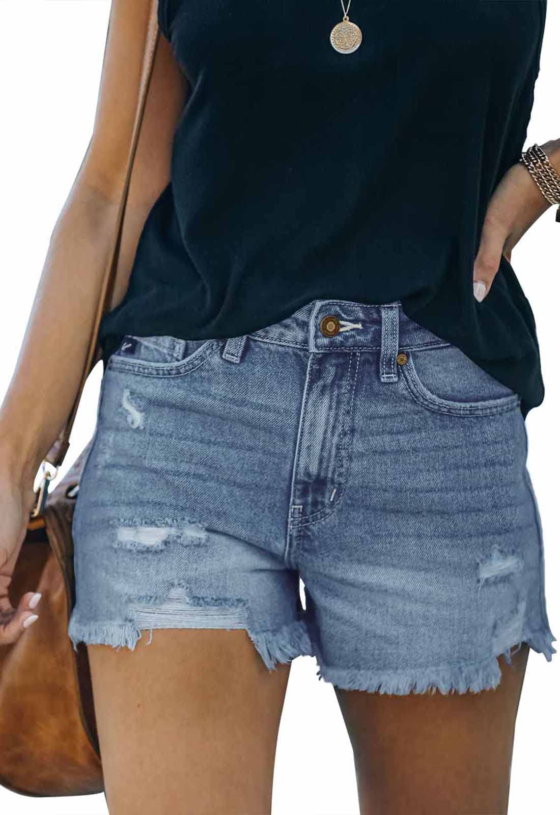 Women's High Waisted Denim Shorts - Stretch Ripped Jean Shorts with Frayed Raw Hem | Casual Summer Outfits, Beach Wear & Street Style Fashion
