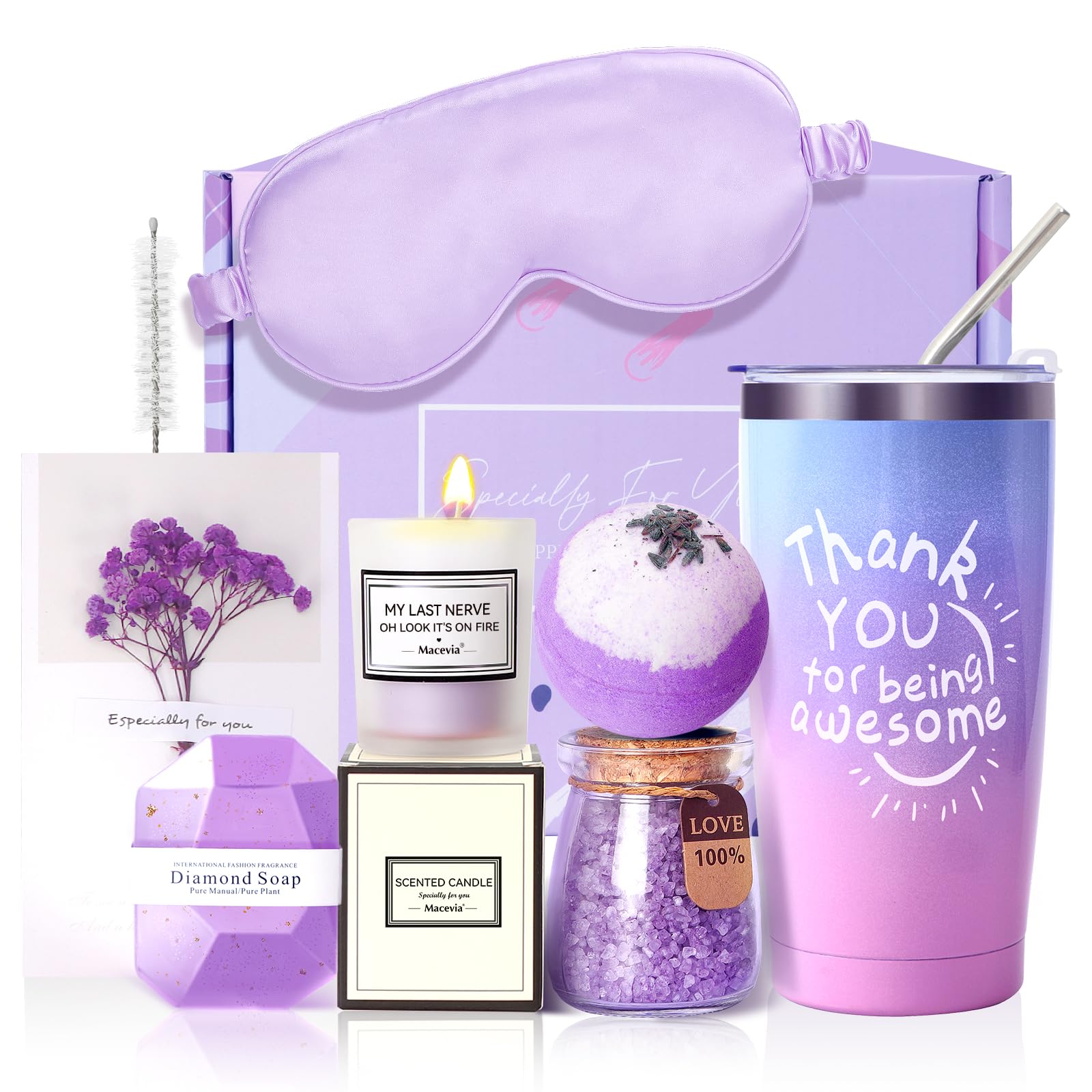 Lavender Spa Gift Basket Set for Women - Relaxing Birthday Gifts for Her, Mom, Sister, Wife, Girlfriend or Coworker | Unique Thank You Present with Aromatherapy Essentials | Perfect for Self-Care, Stress Relief & Special Occasions