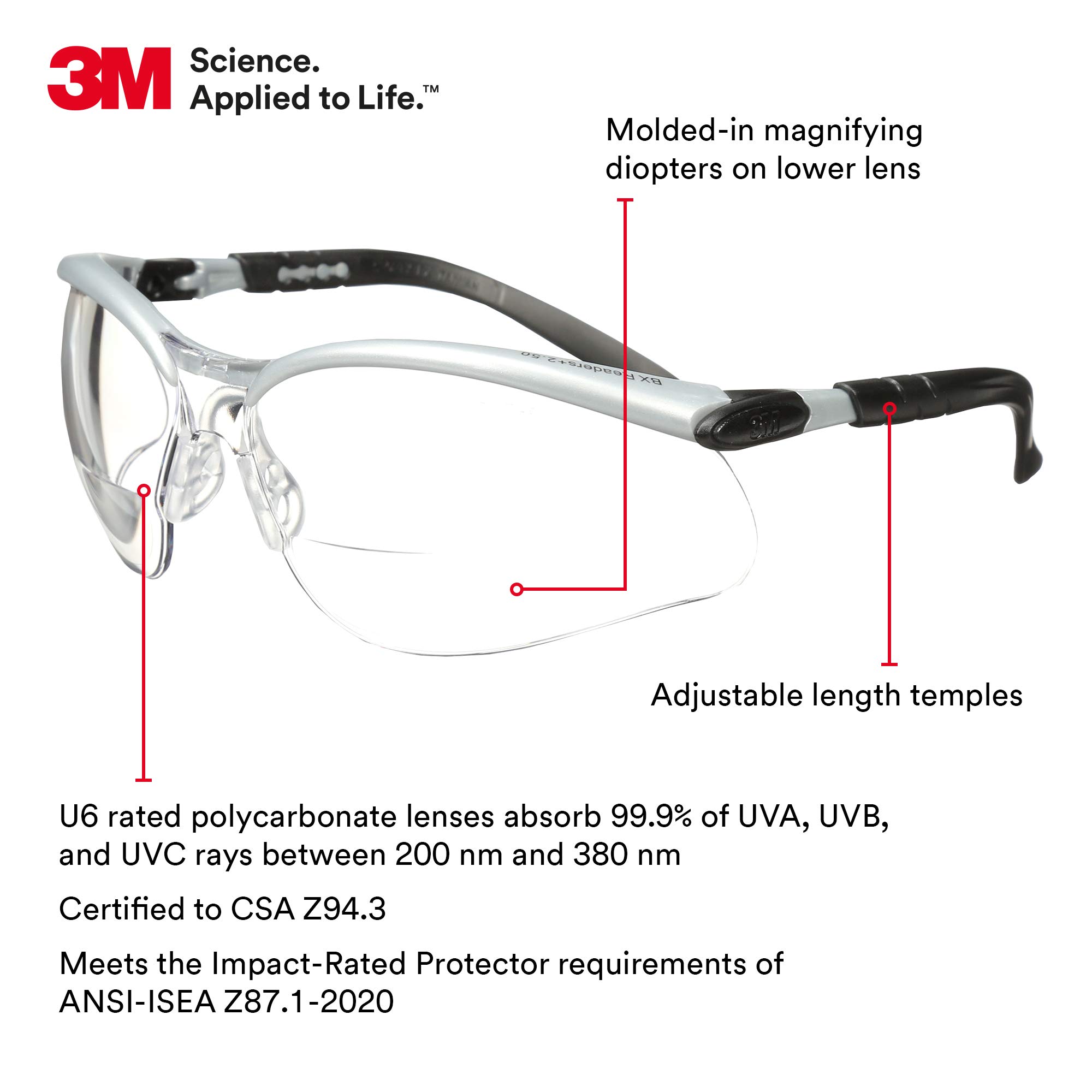 3M Safety Glasses with +2.5 Readers - ANSI Z87.1 Certified Anti-Fog & Scratch Resistant Clear Lens - Adjustable Silver Frame for Work, DIY & Home Projects - Perfect for Woodworking, Construction & Lab Use