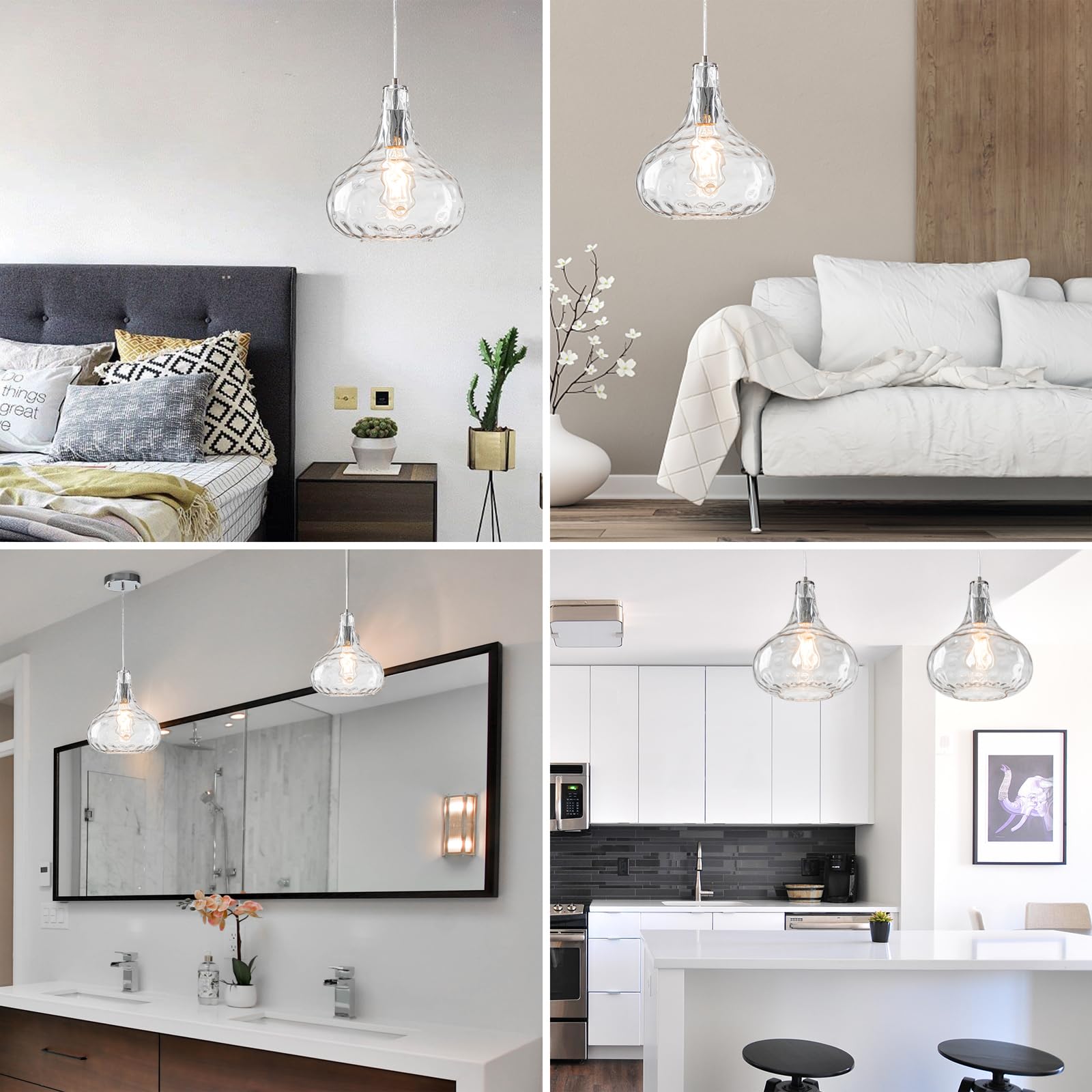 Hammered Clear Glass Pendant Light - Adjustable Ceiling Fixture for Kitchen, Dining Room & Living Room (2-Pack) | Modern Lighting for Home Decor & Commercial Spaces