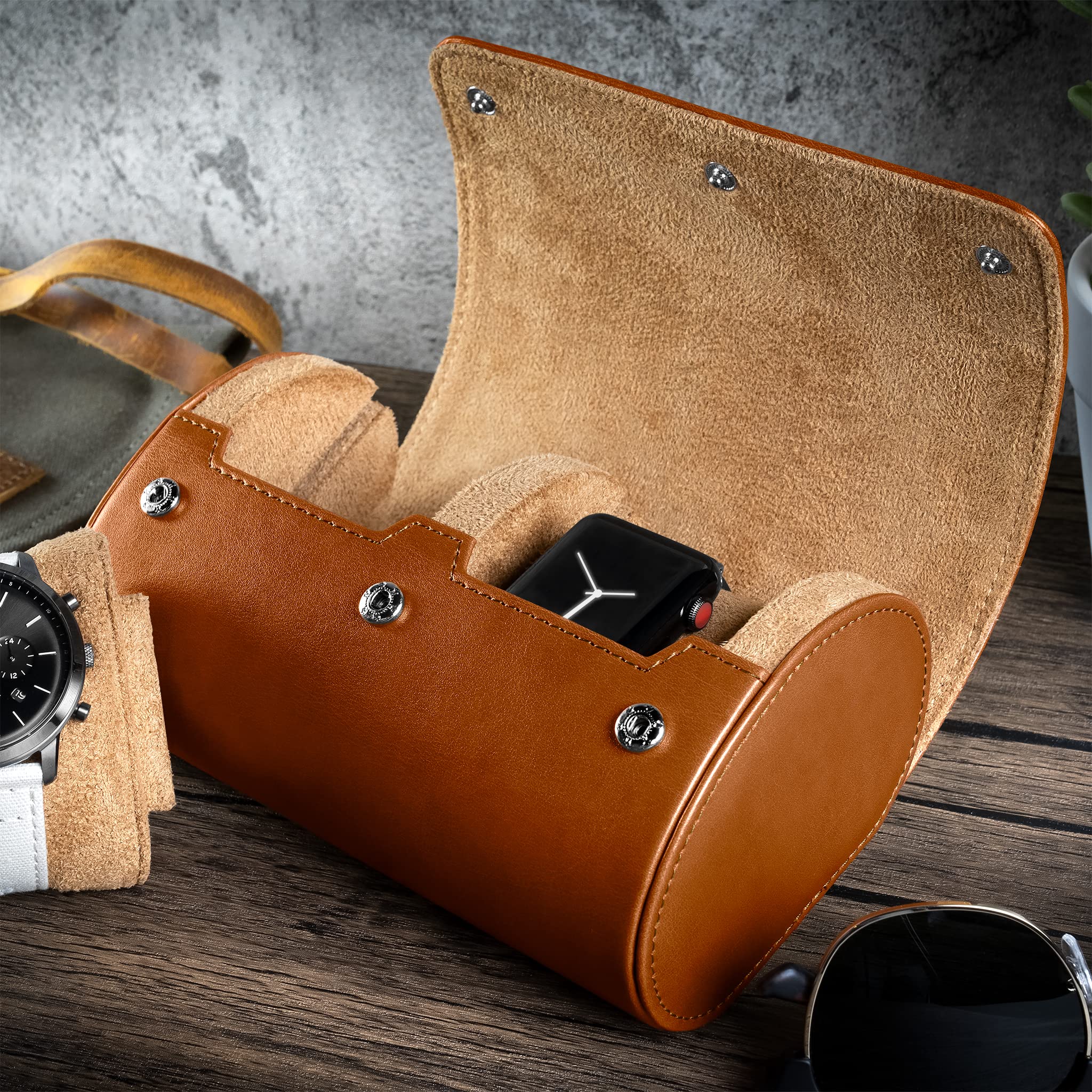 **BARTON WATCH BANDS - Brown Recycled Leather Watch Travel Case & Band Storage Organizer - Holds 2 Watches | Perfect for Travel, Business Trips & Watch Collection Display**
