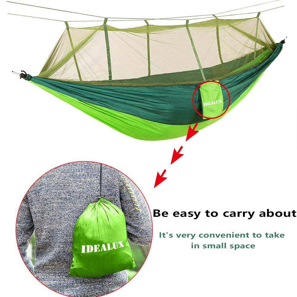 Lightweight Double Camping Hammock with Mosquito Net - 210T Nylon Portable Parachute Hammock for Outdoor Adventures, High Capacity & Tear Resistant - Perfect for Backyard Relaxation, Hiking, Beach Trips & Forest Camping (Green)