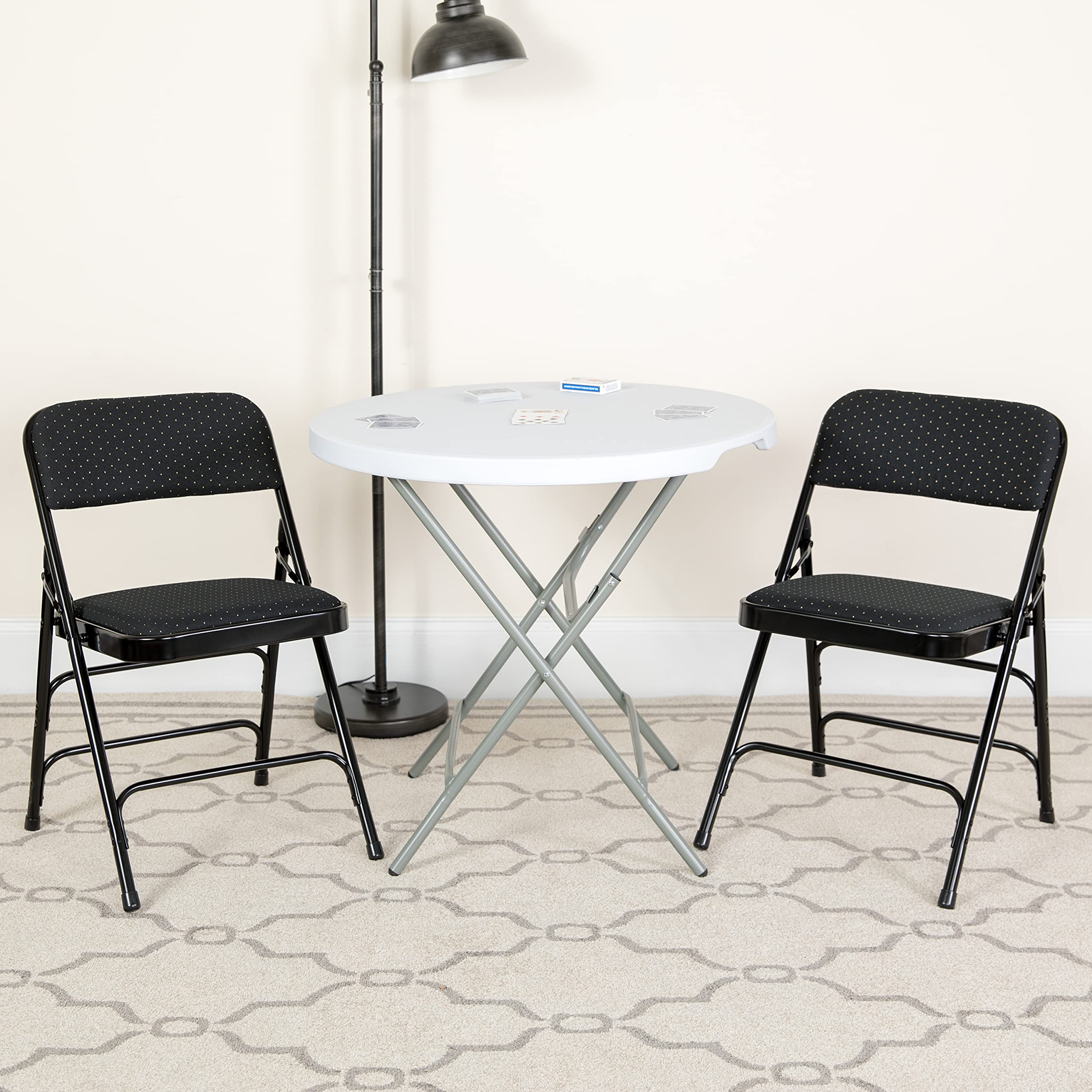 EMMA + OLIVER 2 Pack Black Patterned Metal Folding Chairs - Heavy Duty Triple Braced Curved Design for Indoor/Outdoor Events, Parties, Weddings & Camping