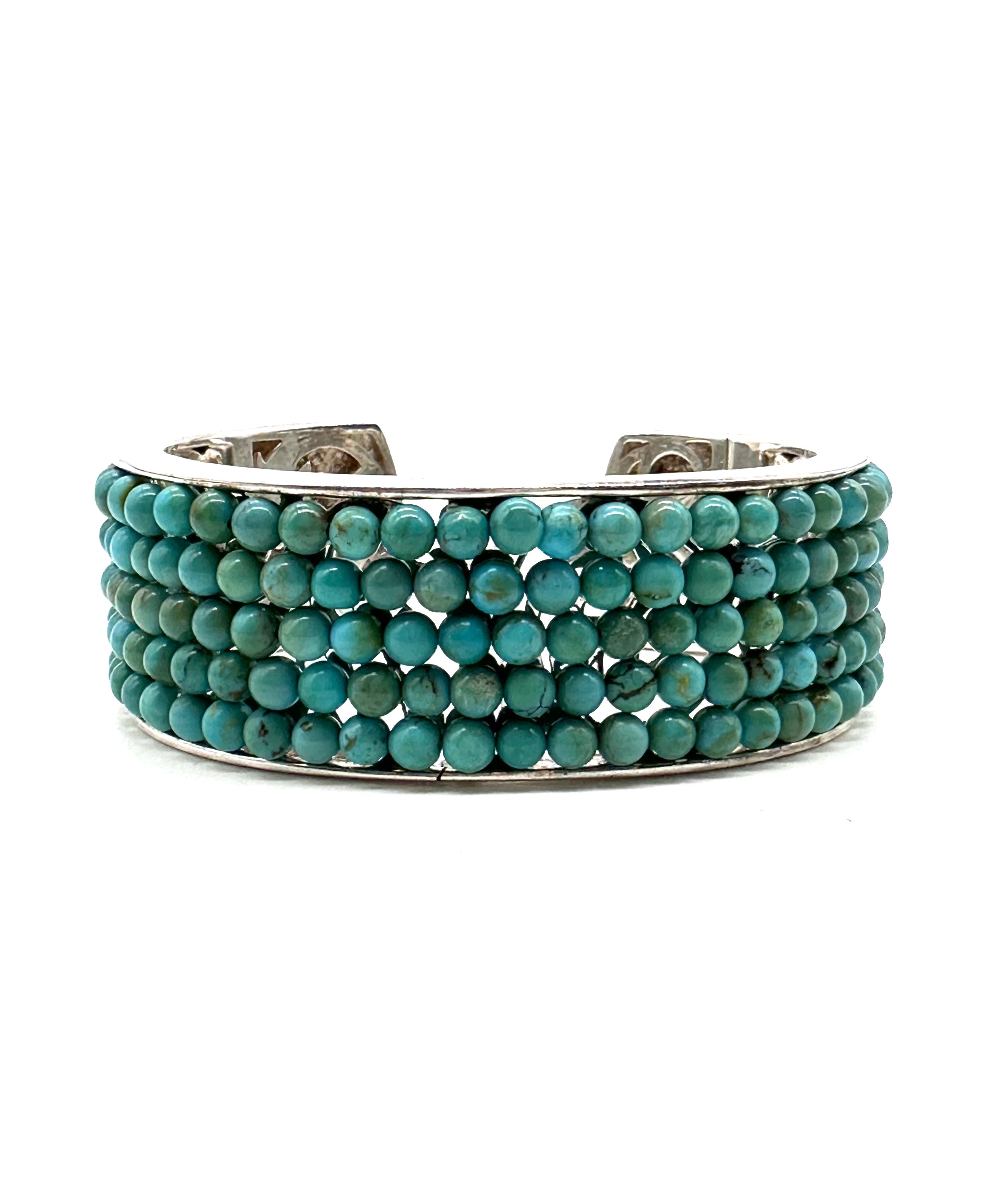 Sterling Silver Blue Turquoise Bead Cuff Bracelet for Women - Handmade Boho Jewelry for Casual Wear & Special Occasions
