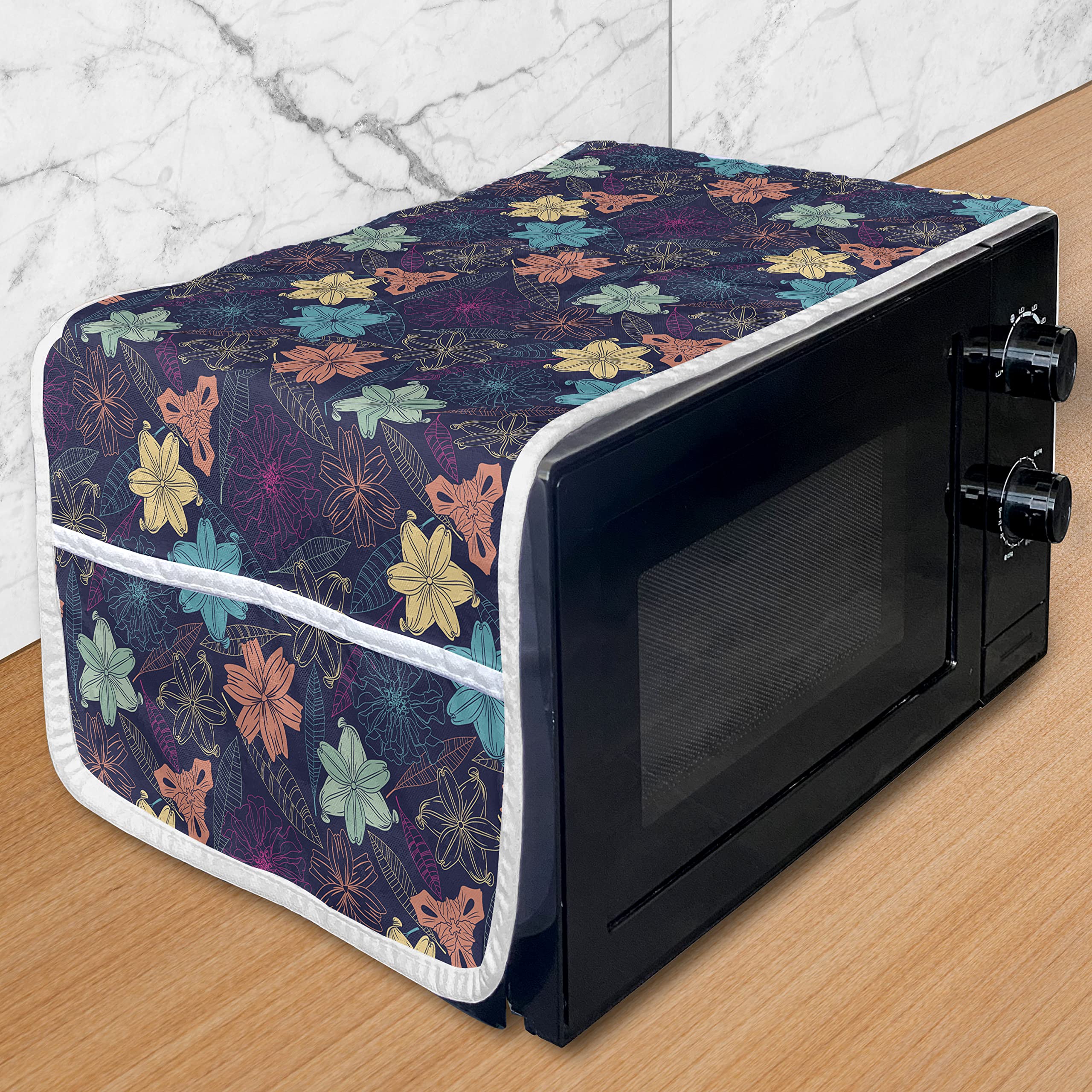 Ambesonne Floral Microwave Cover - Waterproof Kitchen Organizer with Pockets, Exotic Hibiscus & Tropical Palm Design, 36