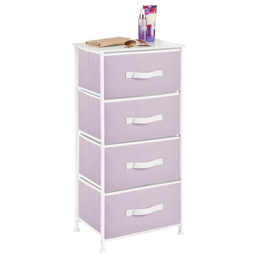 mDesign 4-Tier Fabric Drawer Storage Tower - Steel Frame & Wood Top Dresser Organizer for Bedroom, Closet, Entryway - Jane Collection in Wisteria Purple/White - Perfect for Storing Clothes, Accessories & Home Essentials