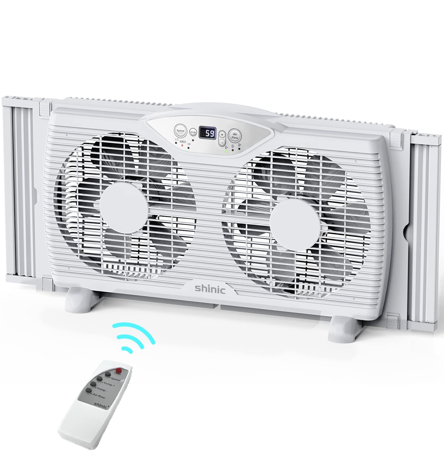 Shinic 9-Inch Twin Window Fan with Remote Control - 3-Speed Reversible Quiet Airflow, Thermostat & Temperature Display - Expandable 23.8