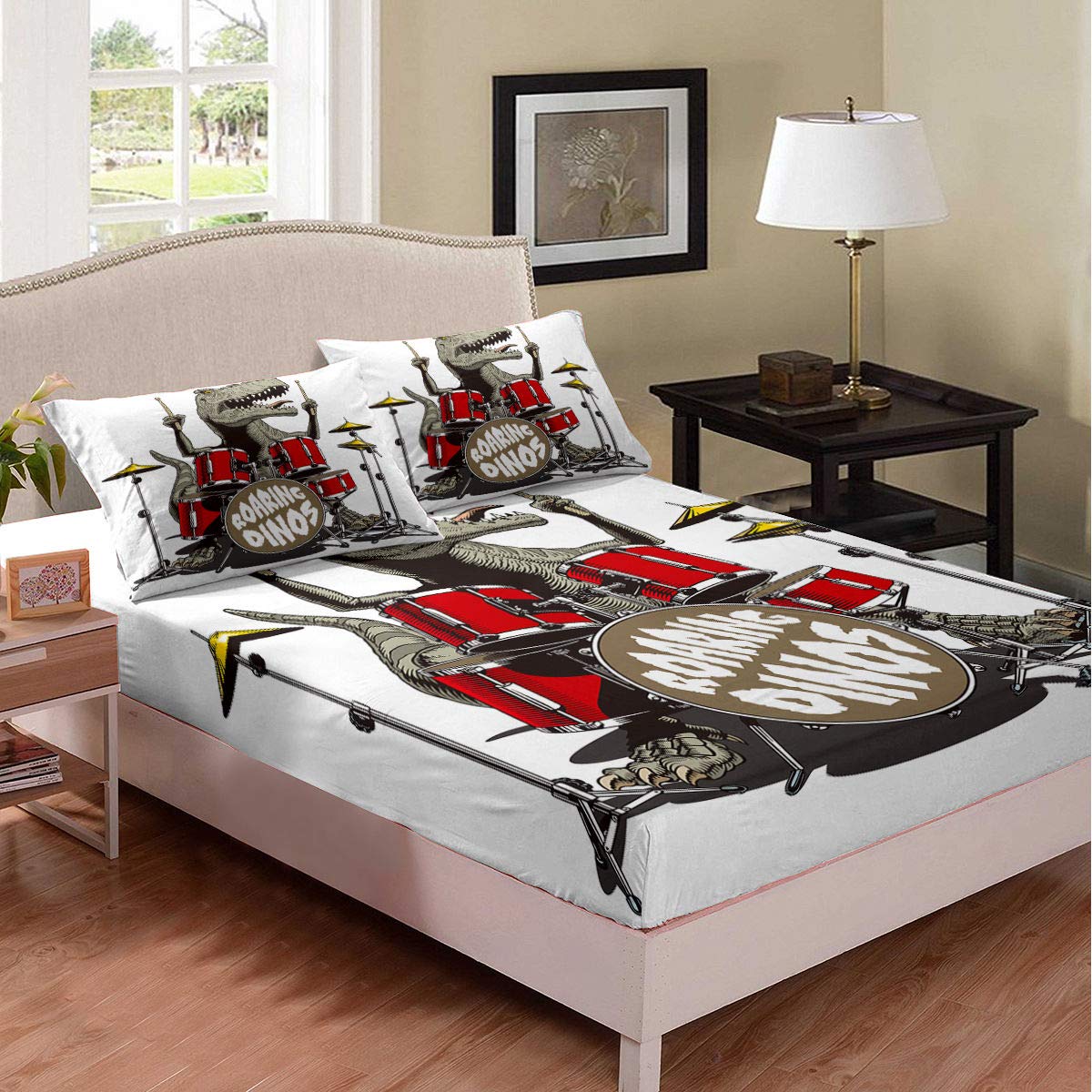 Dinosaur Printed Queen Size Bedding Set for Kids & Teens - 3 Piece Music Themed Bed Cover with Fitted Sheet & 2 Pillow Cases | Rock & Roll Drum Kit Design | Perfect for Boys' Room Decor & Themed Bedrooms