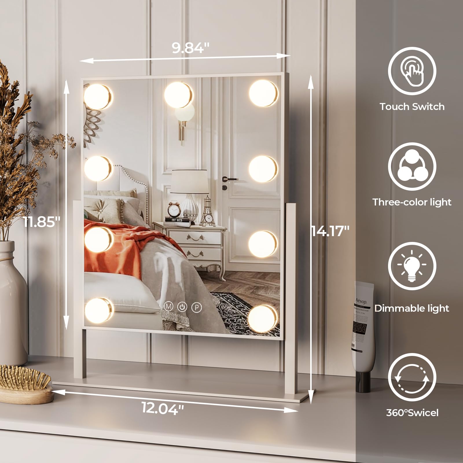 ZL ZELing LED Vanity Mirror with Lights - 10X Magnification Makeup Mirror with Smart Touch Control, 3 Color Dimmable Lighting & 360° Rotation - Perfect for Home Makeup, Salon, Dressing Room & Professional Beauty Application
