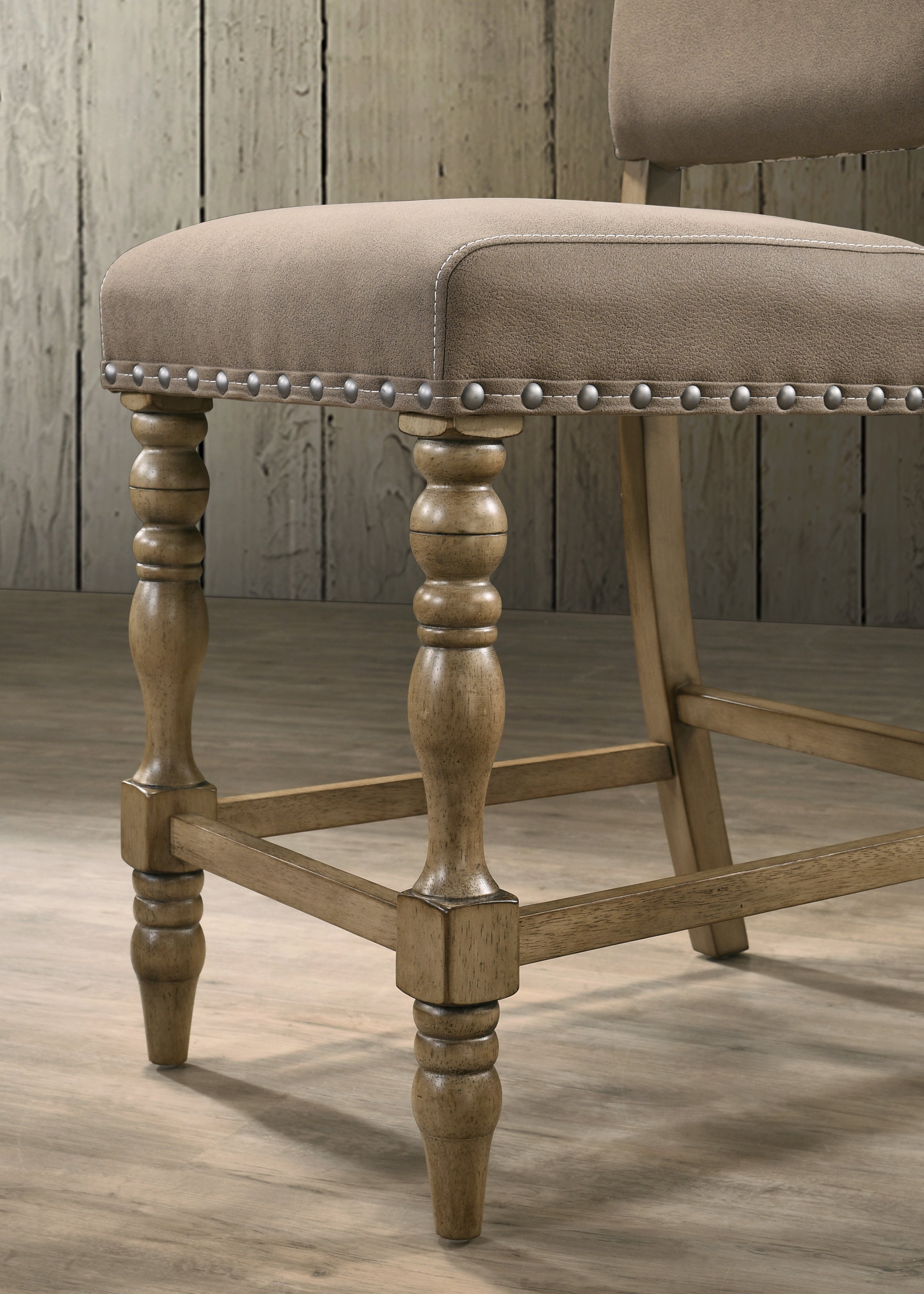 Roundhill Furniture Birmingham Script Printed Driftwood Finish Counter Height Dining Chairs with Nailhead Trim - Set of 2 - Perfect for Kitchen Islands, Breakfast Bars & Small Space Dining