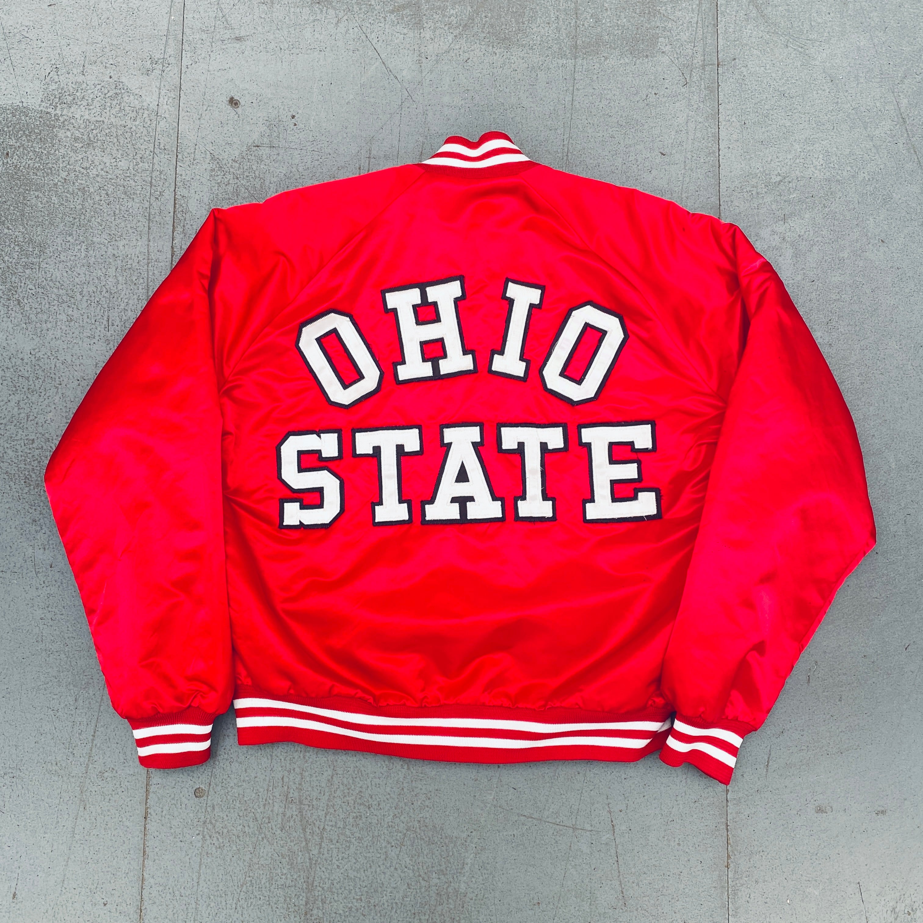 Ohio State Buckeyes 1990s Vintage Chalk Line Satin Stitched Spellout Bomber Jacket - Large Size | NCAA Football Fan Apparel & Retro Sports Collectible for Game Day Outfits and Buckeyes Memorabilia Display