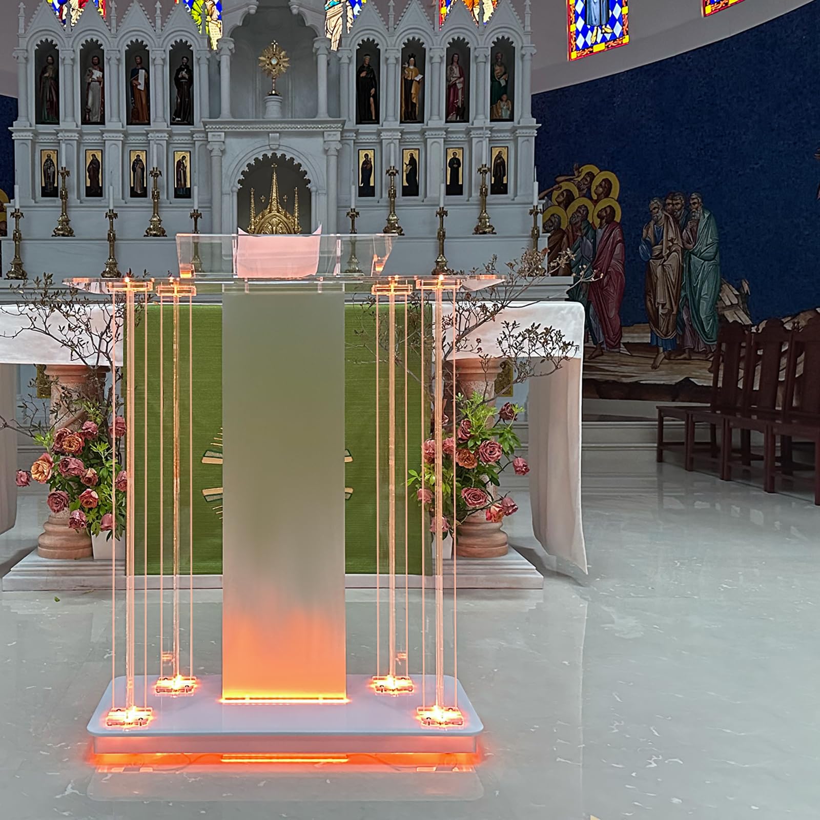 Custom Acrylic Church Pulpit with LED Lights - Transparent Podium with Wheels & Spacious Reading Platform - Clear Lectern for Sermons & Speeches (39.4