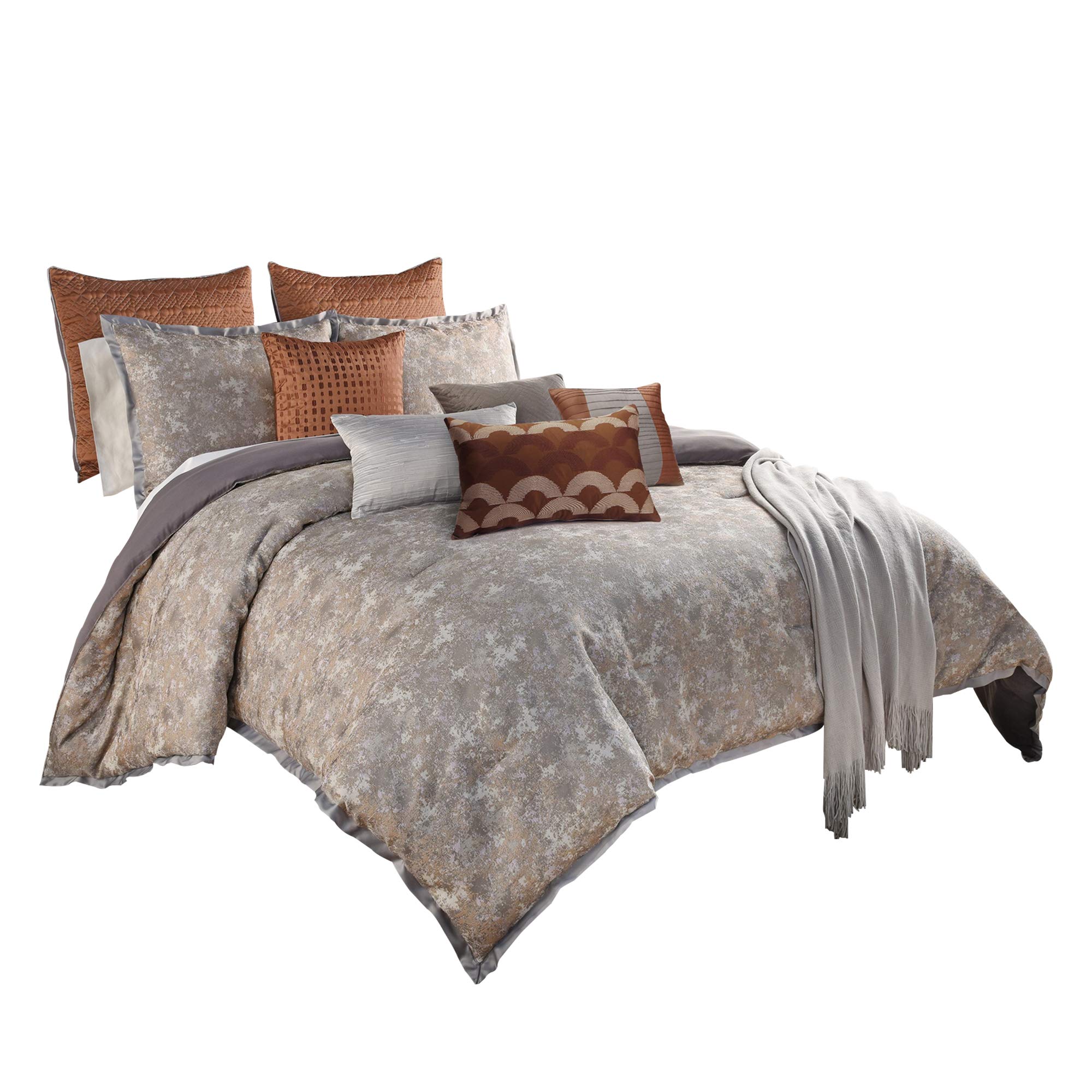 Benjara 12-Piece King Size Polyester Comforter Set with Luxurious Textured Details in Gray & Brown - Perfect for Master Bedroom, Guest Room & Cozy Home Decor