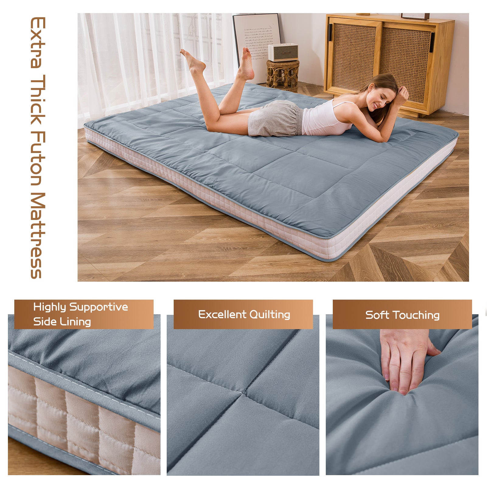 MAXYOYO Padded Comfortable Floor Mattress - Blue Gray | Extra Thick Foldable Guest Bed | Perfect for Camping, Sleepovers & Small Space Living
