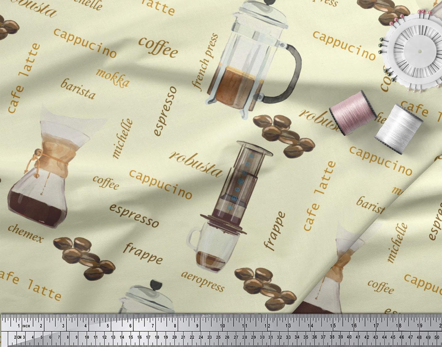 Soimoi 100% Cotton Voile Fabric by The Yard - 56 Inch Wide - Yellow Printed Text & Coffee Maker Design - Lightweight & Breathable Material for DIY Dresses, Curtains, Home Decor - Perfect for Coffee Lovers & Craft Projects