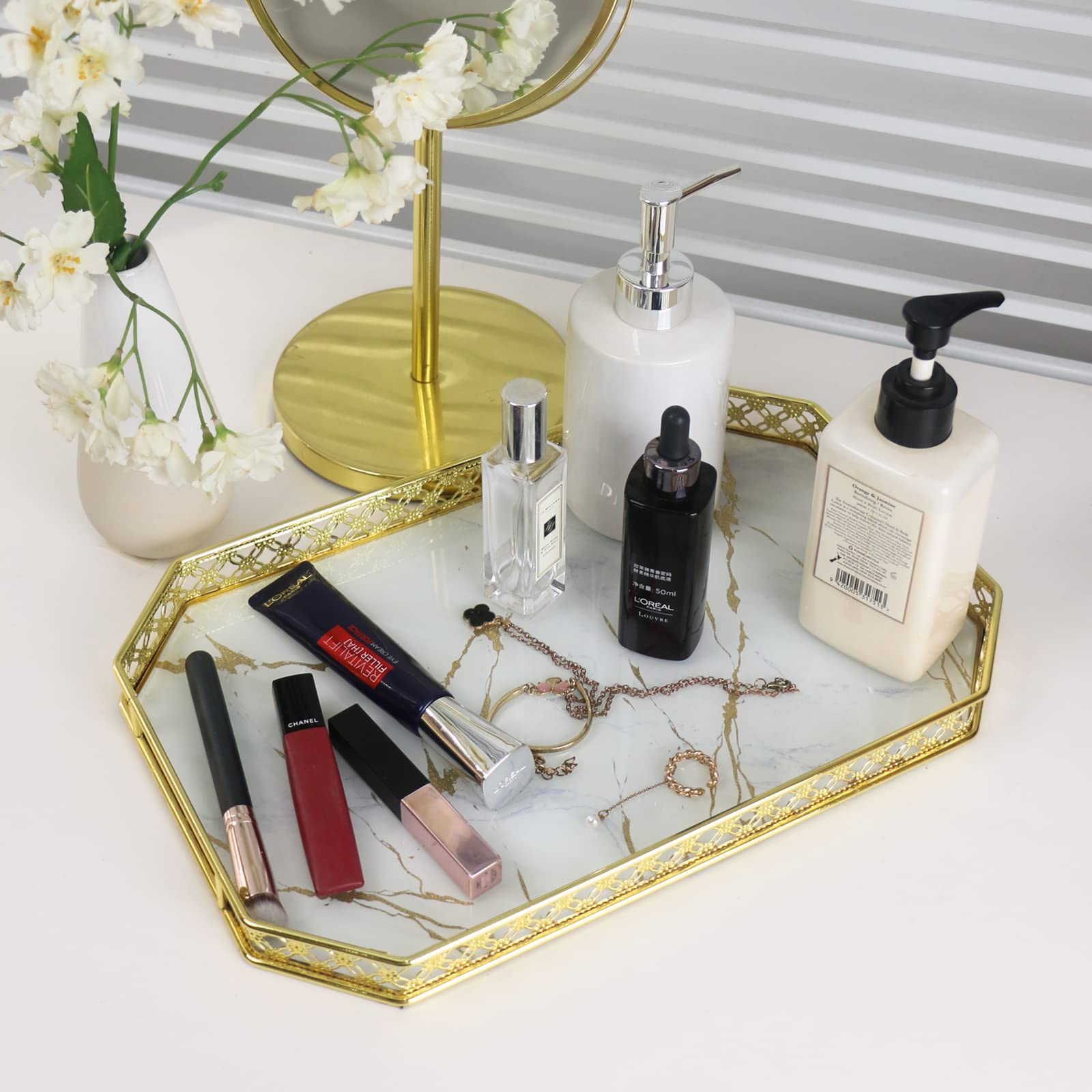 Elegant Gold Vanity Tray - 14×9×1.2 Inch Decorative Organizer for Perfume, Jewelry & Makeup | Perfect for Dresser, Bathroom & Home Decor | Stylish Storage Solution for Cosmetics, Rings & Fragrances