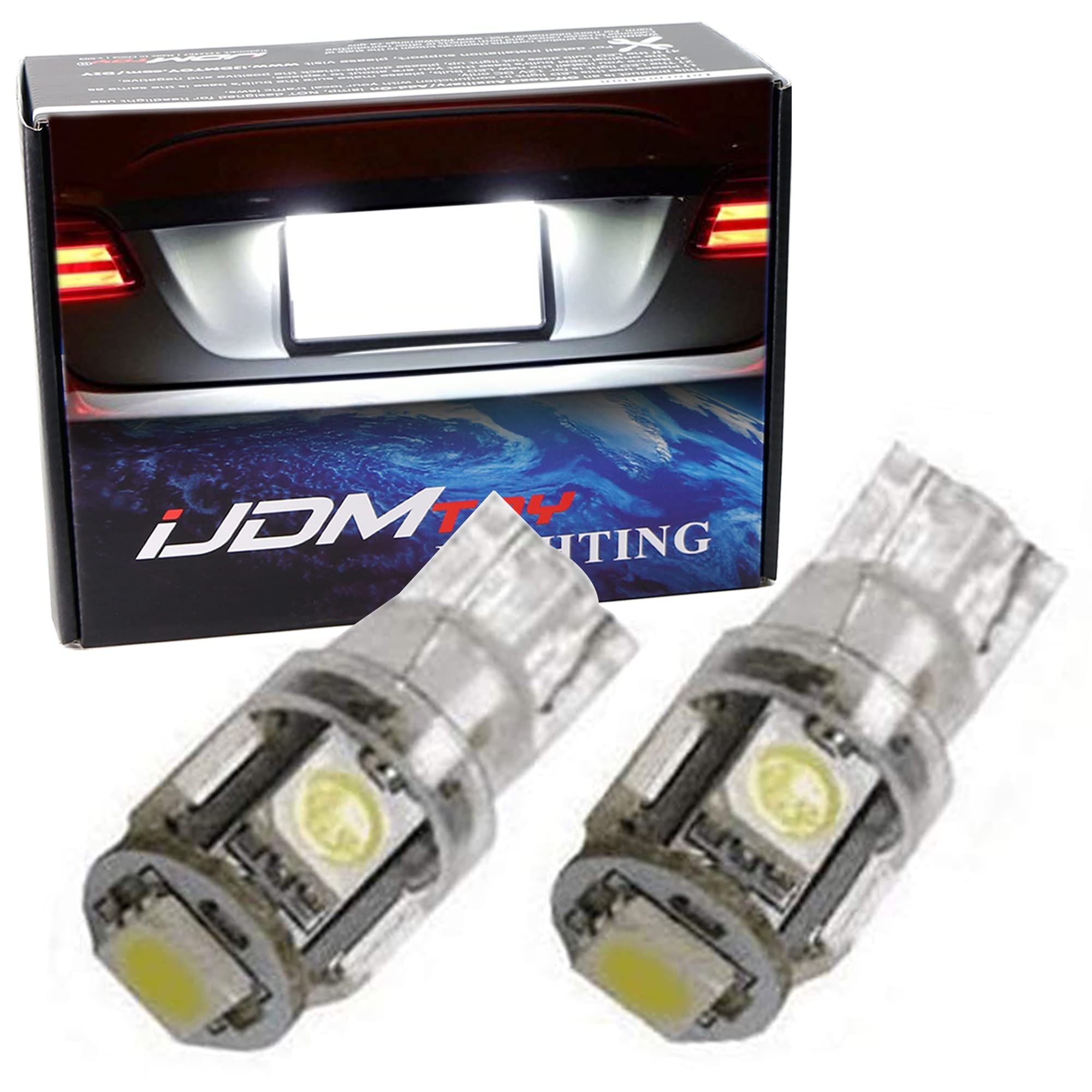 iJDMTOY 5-SMD-5050 LED Bulbs - Super Bright 168 194 2825 W5W T10 Replacement Lights for Car License Plate, Interior, Map & Dome Lights - Xenon White (Pack of 2) - Perfect for Night Driving & Vehicle Customization