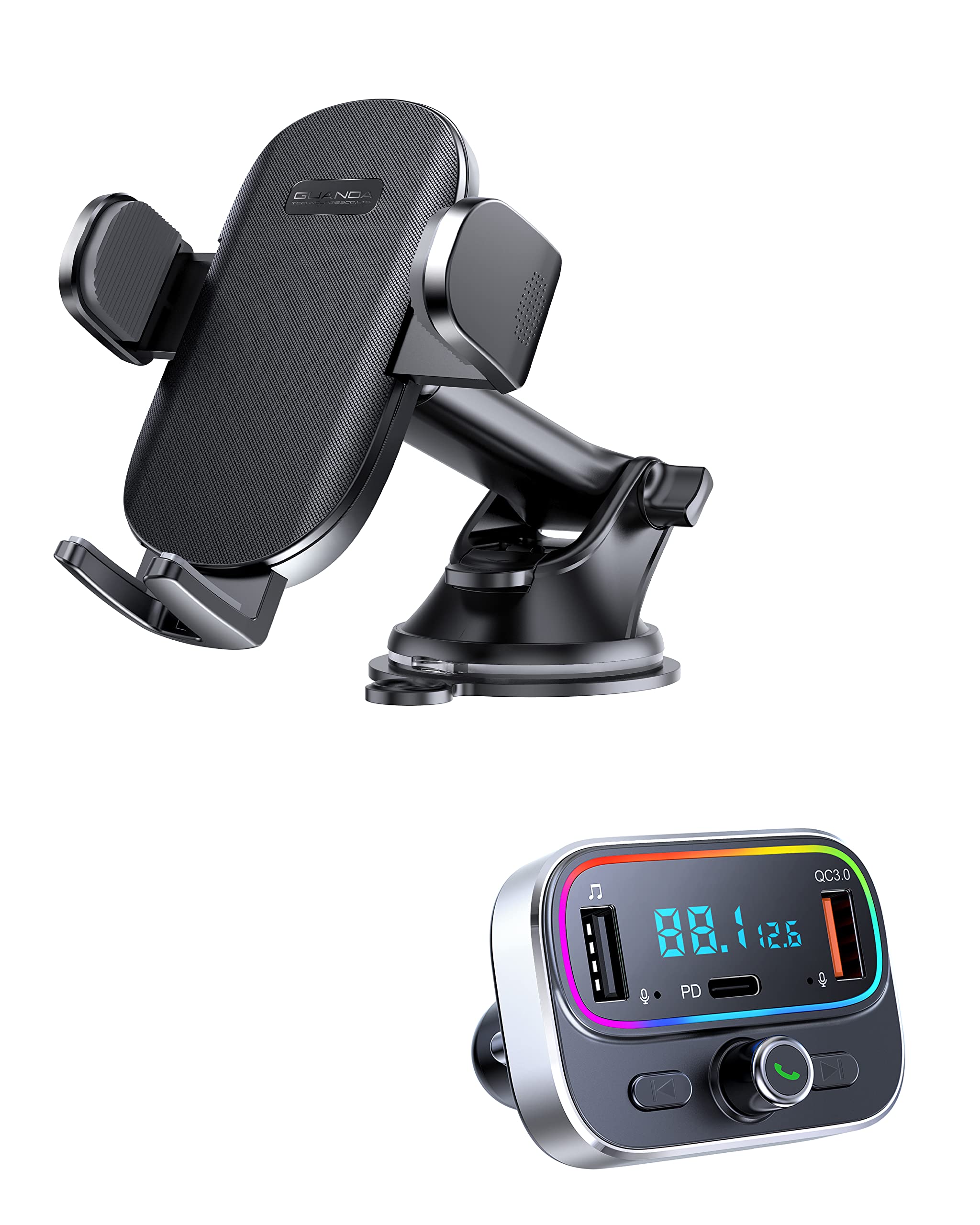 Wireless Bluetooth FM Transmitter for Car - Hands-Free Calling with Dual Microphone, 360° Rotatable Phone Holder for Windshield & Dashboard | Perfect for Music Streaming, GPS Navigation & Safe Driving