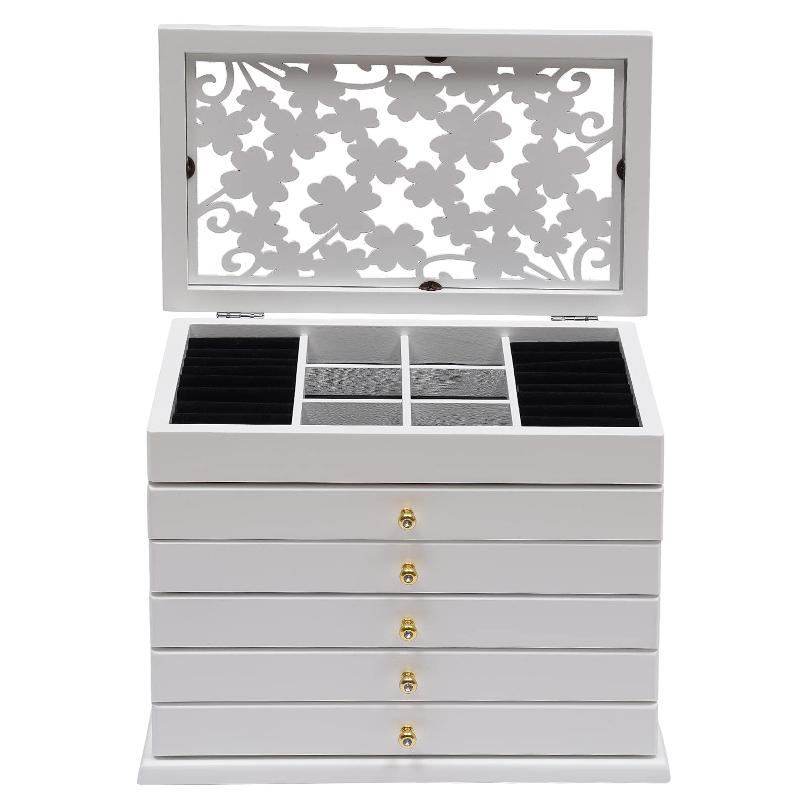 TFCFL 6-Layer Wooden Jewelry Box Organizer for Women - 5 Drawers Storage Case for Rings, Watches, Necklaces & Accessories (White) | Perfect for Bedroom Vanity, Travel & Gift Giving