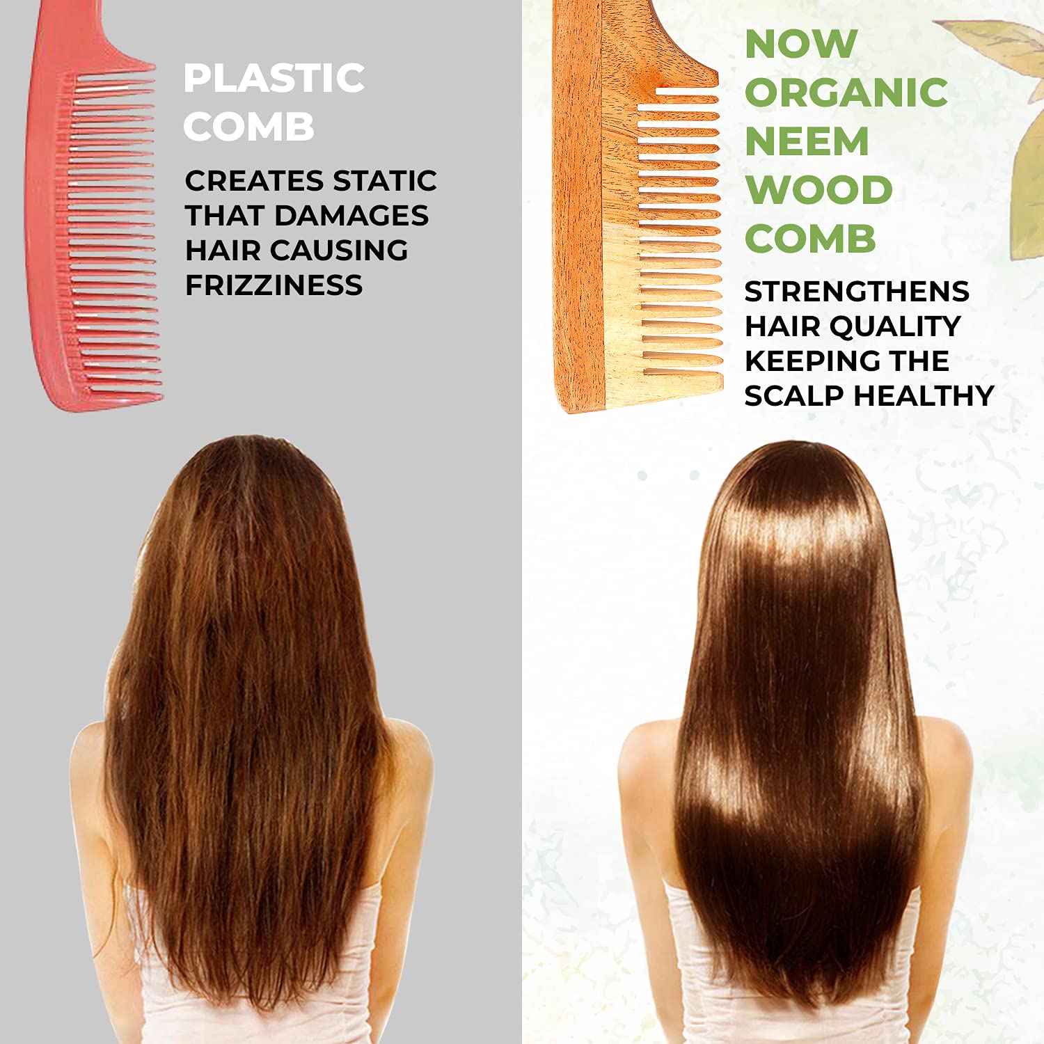 Organic Neem Wood Hair Comb for Healthy Hair - Anti Dandruff & Hair Fall Prevention - Reusable Muslin Pouch Included | Perfect for Daily Hair Care & Scalp Massage at Home or Travel