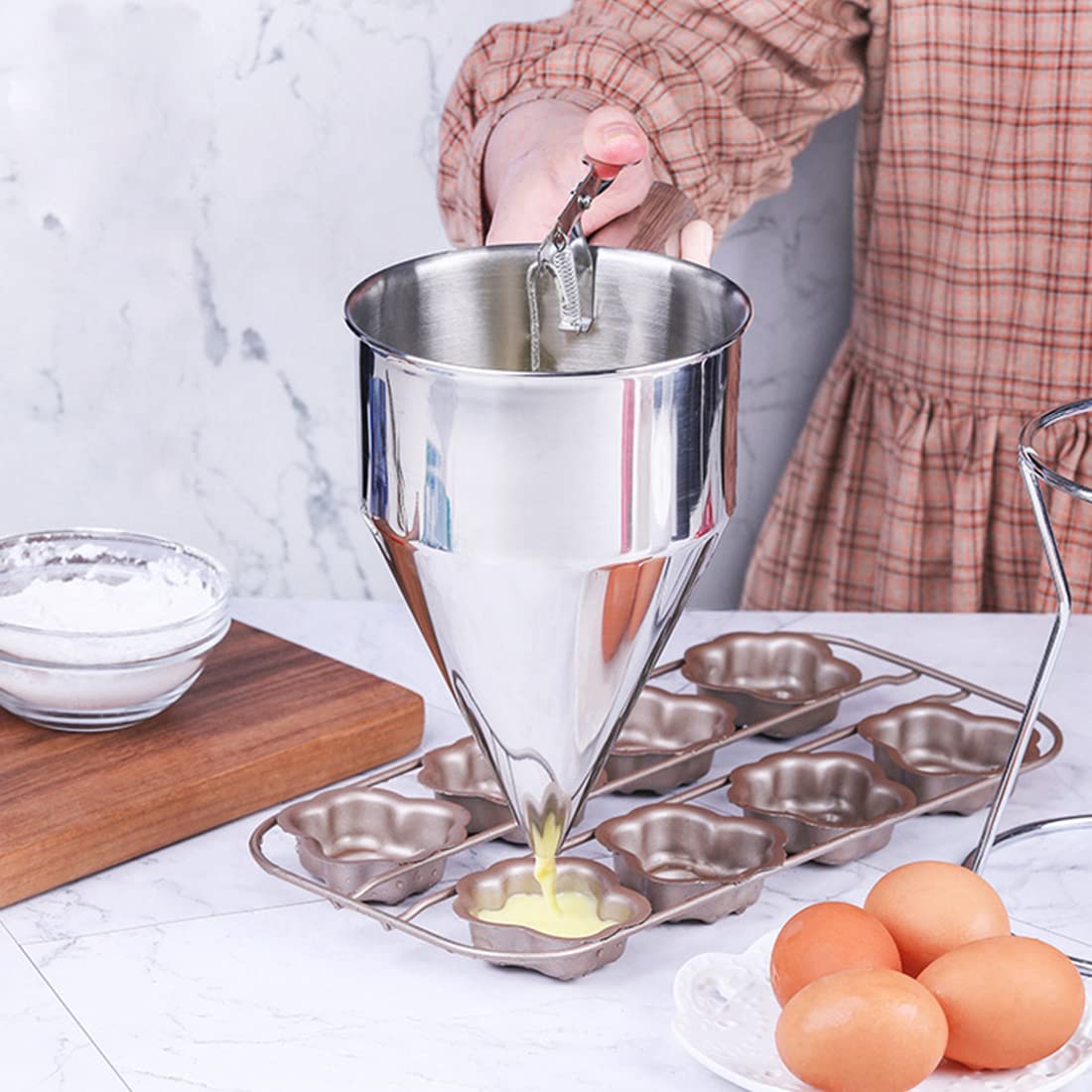 KAYCROWN 1200ml Stainless Steel Pancake Batter Dispenser with Stand & Basting Brush - Perfect for Cupcakes, Waffles, Takoyaki, Crepes, and Baking - Ideal for Breakfast, Desserts, and Party Food Preparation