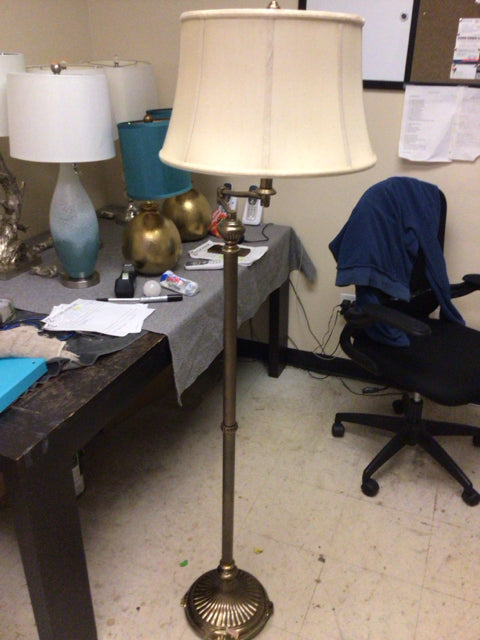 Vintage Brass Swing Arm Floor Lamp with Fabric Shade - Adjustable Reading Light for Living Room, Bedroom, or Office