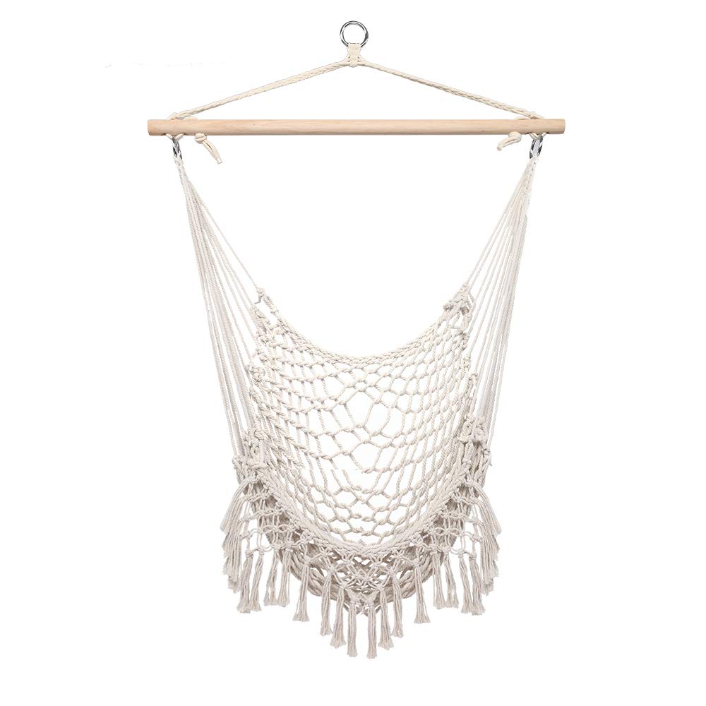 Lovinland Portable Hammock Net Chair with Tassels - Cotton Hanging Rope Cradle Swing Chair for Indoor & Outdoor Use - Beige Boho Sky Chair for Patio, Garden, Balcony, and Backyard Relaxation