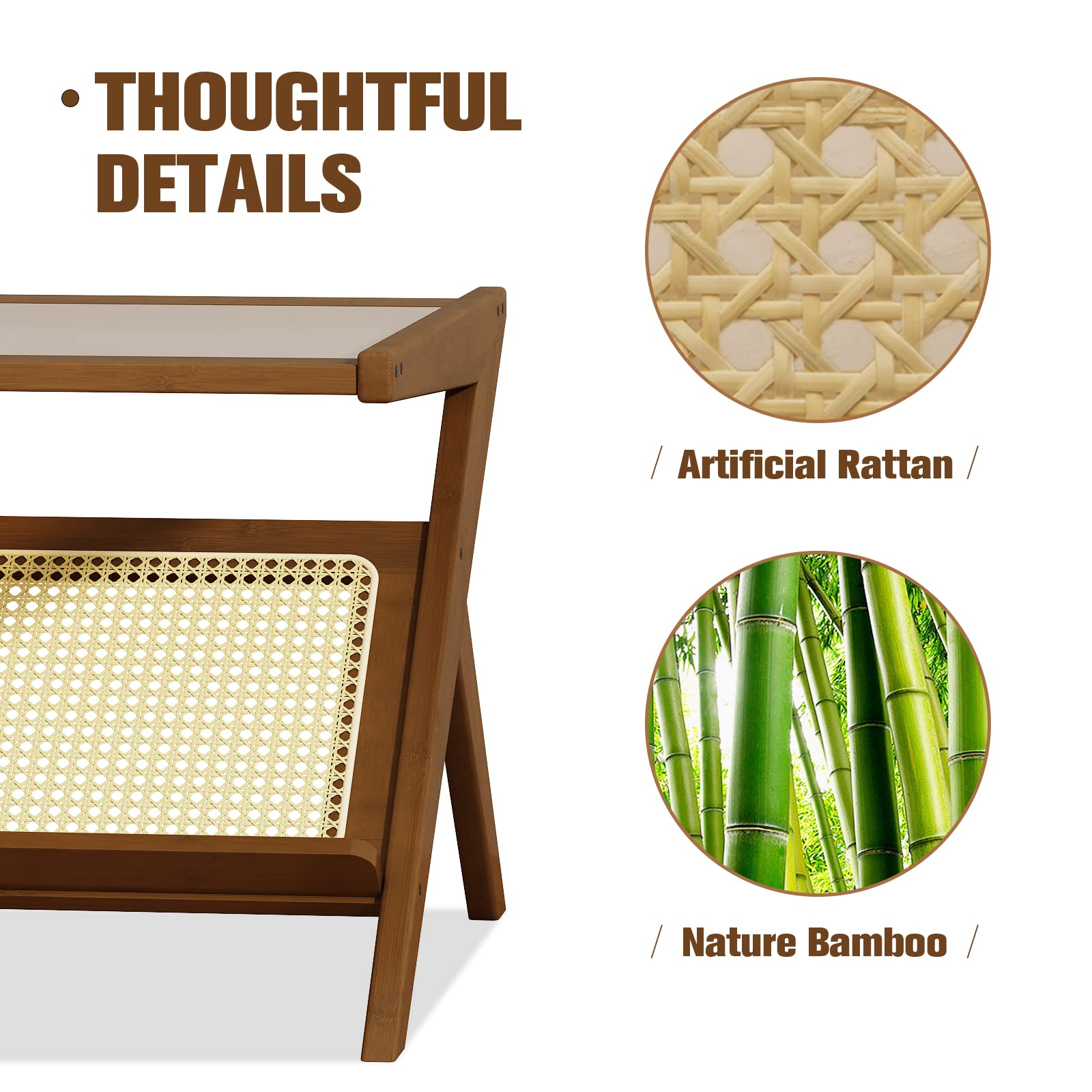 Mid-Century Modern Coffee Table with Glass Top & Rattan Storage - Brown Living Room Center Table for Home Decor, Small Space & Cozy Gatherings