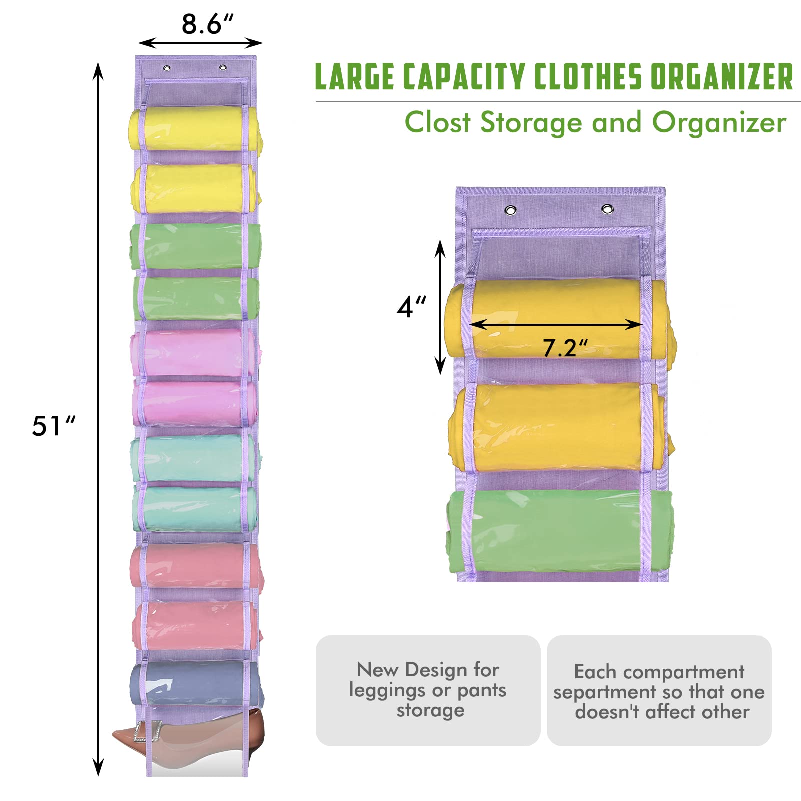 Premium Legging Organizer & Closet Storage Solution - 24 Compartment Space-Saving Clothes Roll Holder for T-Shirts, Pants & Purses (Purple) | Perfect for Bedroom, Dorm & Travel Organization