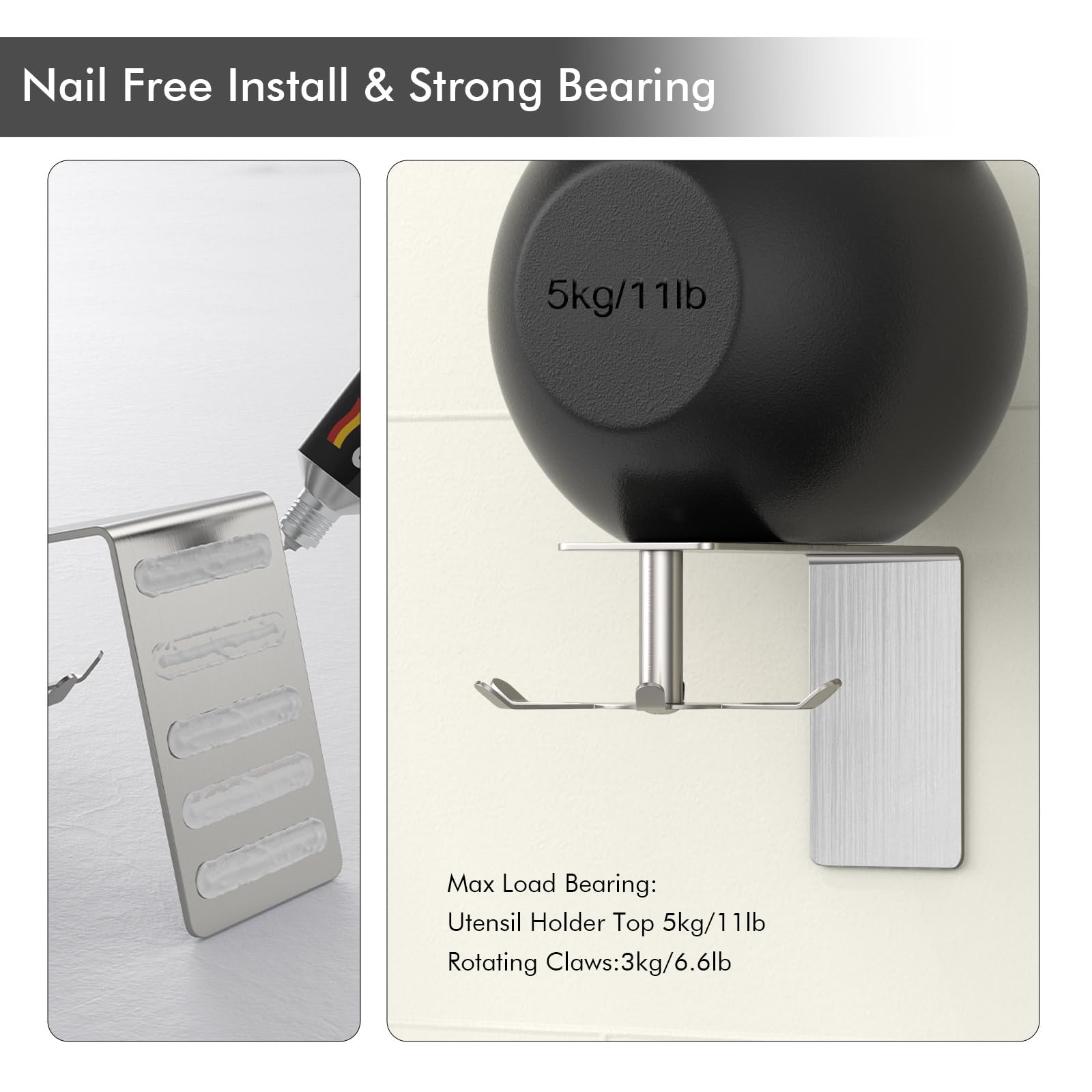 1 Pack Brushed Nickel 304 Stainless Steel Rotating Wall Mount Kitchen Utensil Holder - Adhesive Hanging Rack for Spoons, Spatulas & Cooking Tools - Perfect for Small Kitchens, RVs & Apartments