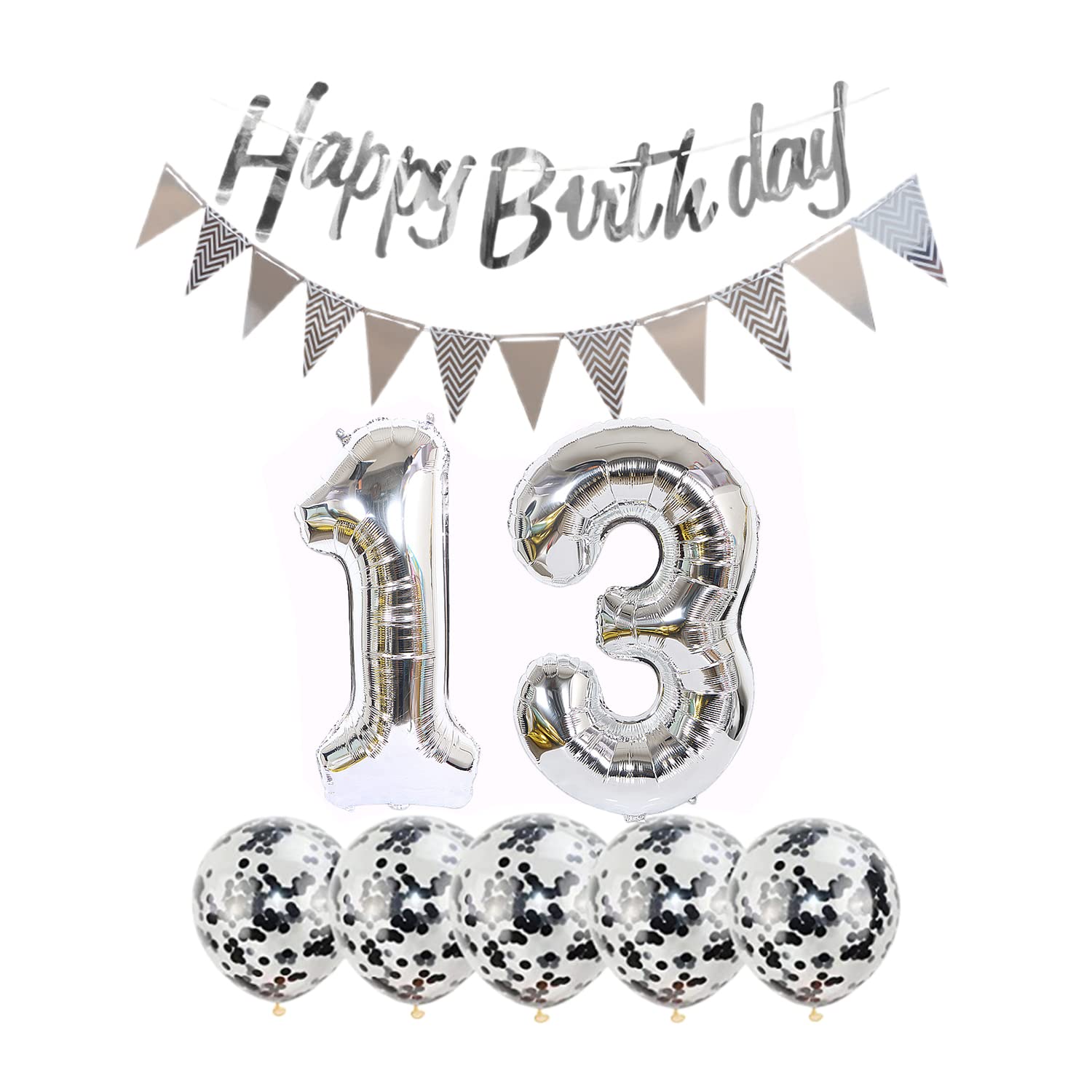 13th Birthday Decorations Set - 2 Number 13 Foil Balloons, Happy Birthday Garland, Silver Banner & 5 Confetti Balloons for Boys & Girls | Perfect for 13 Year Old Birthday Parties, Photo Backdrops & Celebration Decor
