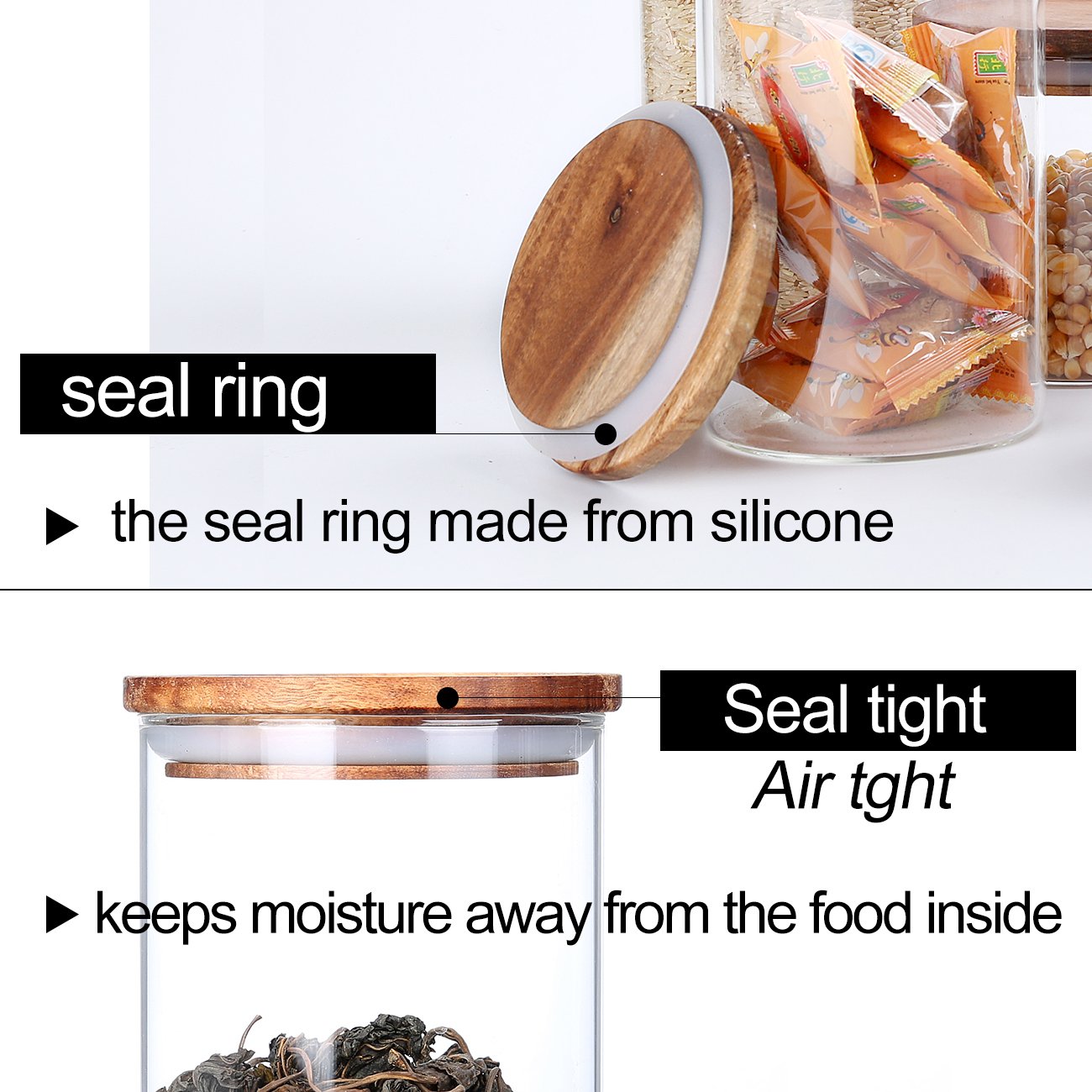 KKC HOME ACCENTS Airtight Glass Tea Canisters with Wood Lids - 39 Fl oz Loose Leaf Tea Storage Containers - Perfect for Kitchen Pantry Organization & Tea Collection Display
