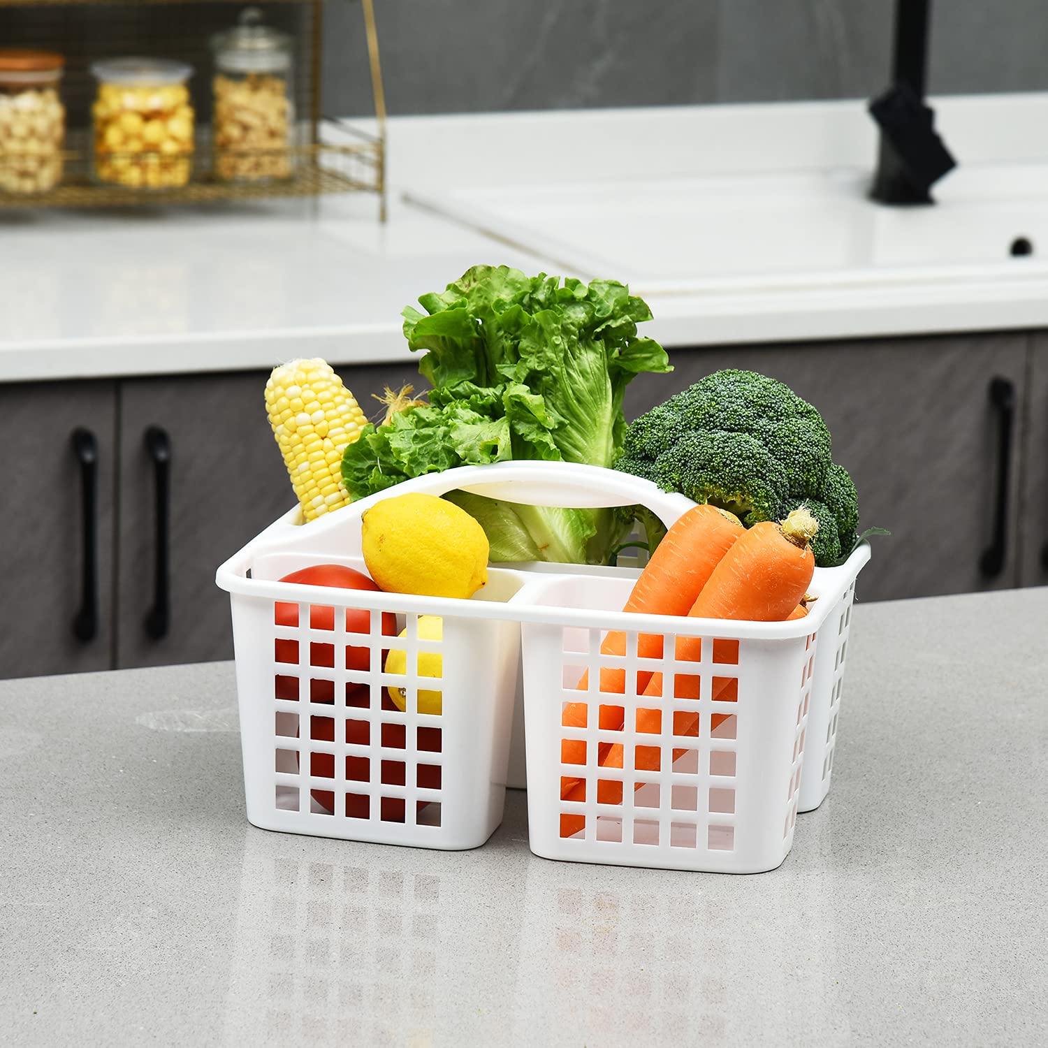ALINK Plastic Shower Caddy Basket with 4 Compartments - Portable Bathroom Organizer with Handle for College Dorm, Apartment & Travel - White | Perfect for Shampoo, Soap & Toiletries Storage in Small Spaces