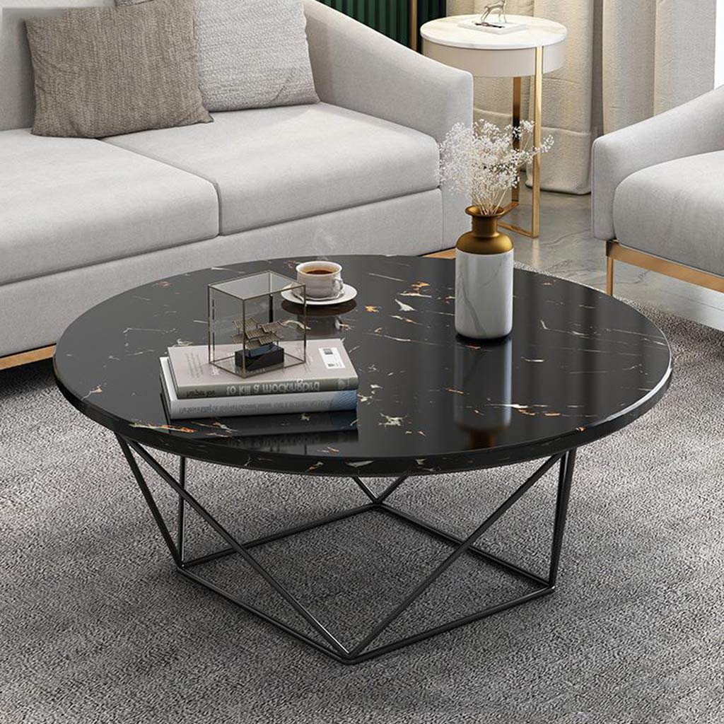 Modern Black Round Coffee Table with Artificial Marble Top & Triangle Metal Frame - Stylish Sofa Table for Living Room, Dining Room, Office - Perfect for Cocktail Parties, Home Decor & Workspace Accent