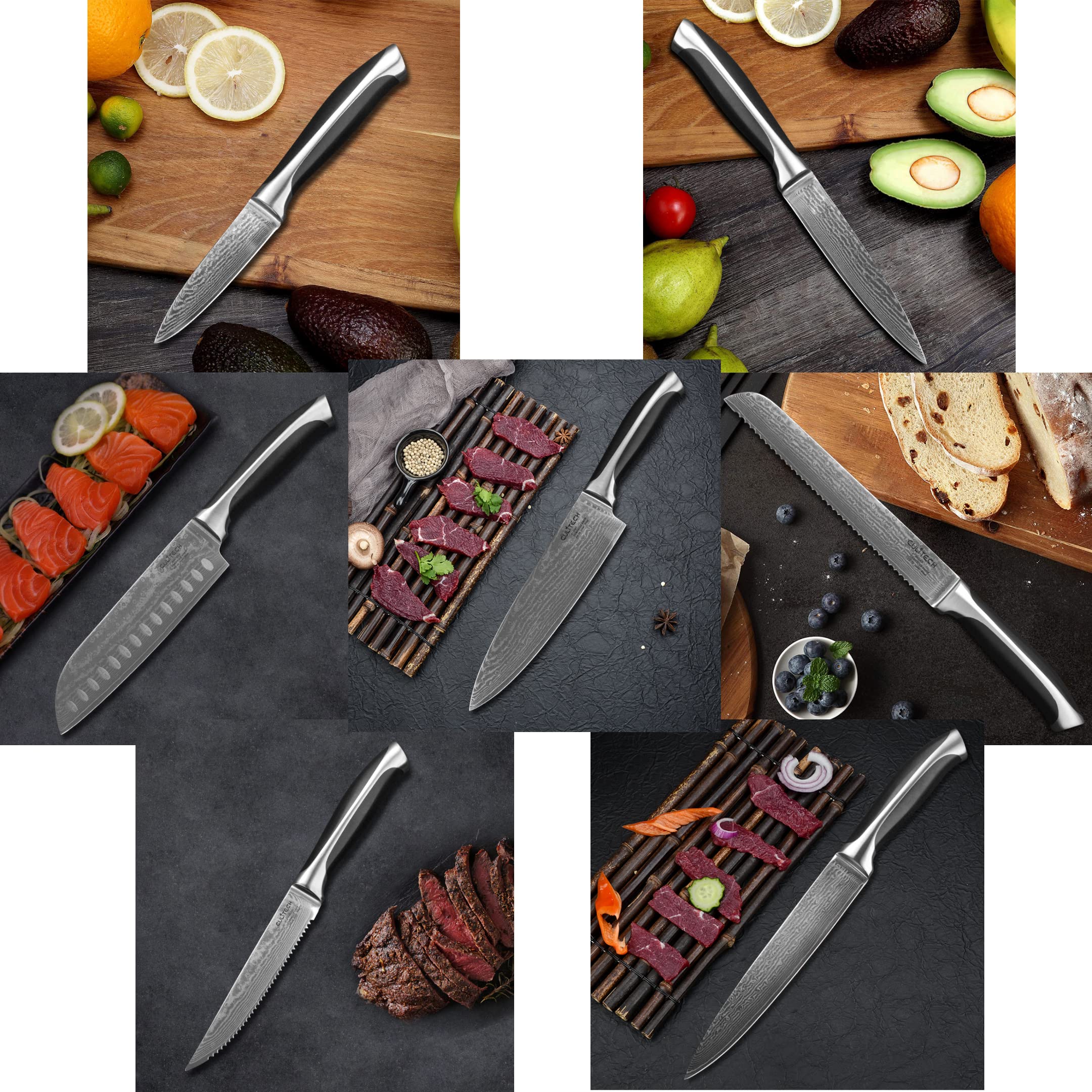 Premium 10+3 Piece Damascus Steel Kitchen Knife Set with Scissors, Peeler & Sharpener - Includes Acrylic Holder for Home Chefs & Professional Cooking Enthusiasts - Perfect for Slicing, Dicing, Chopping & Food Prep in Modern Kitchens