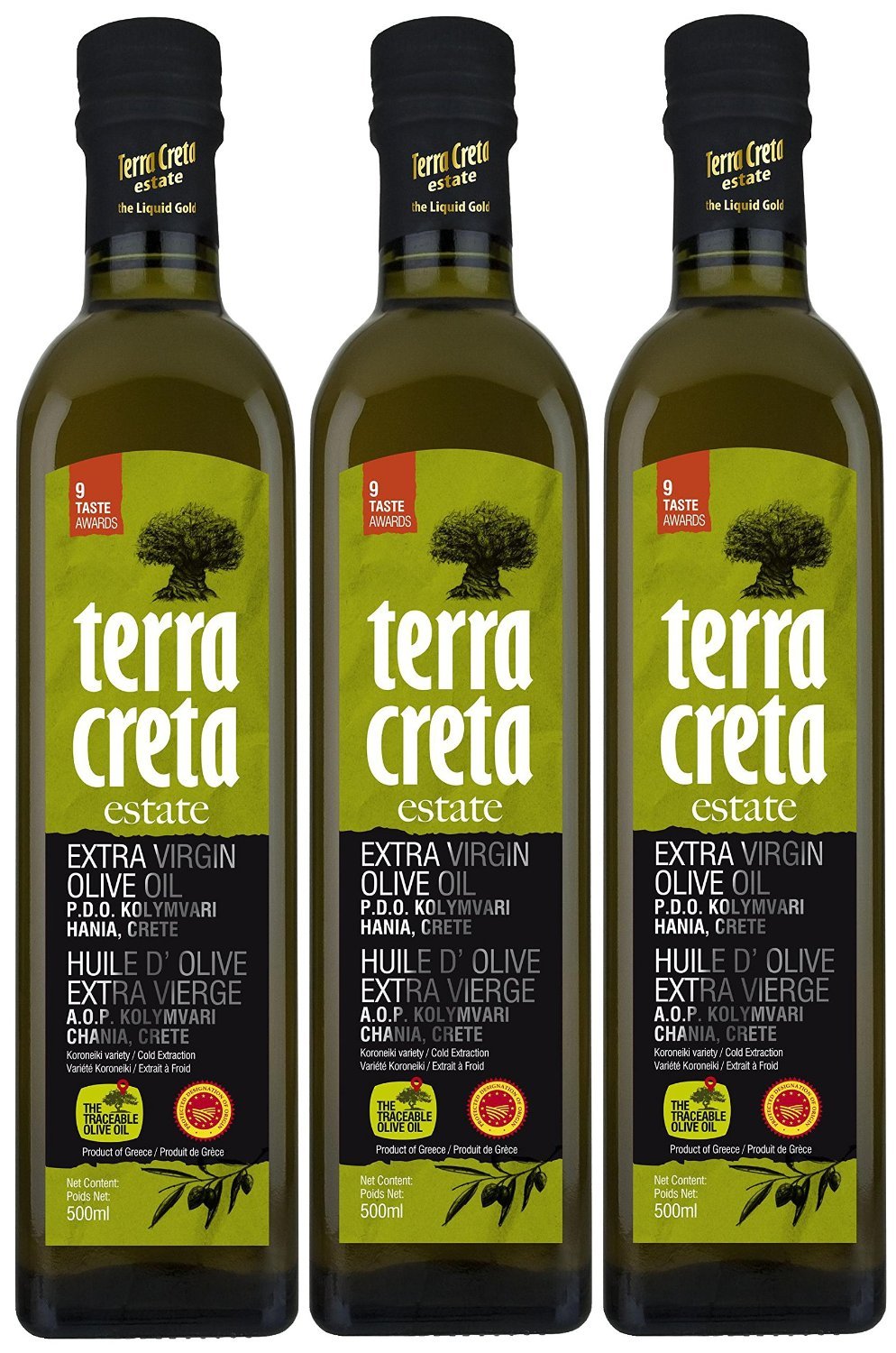 Premium Extra Virgin Olive Oil from Crete, Greece - Terra Creta PDO Kolymvari - Award-Winning (9 International Taste Awards) - 500ml Bottle (3-Pack) - Perfect for Salads, Cooking & Gourmet Gifts