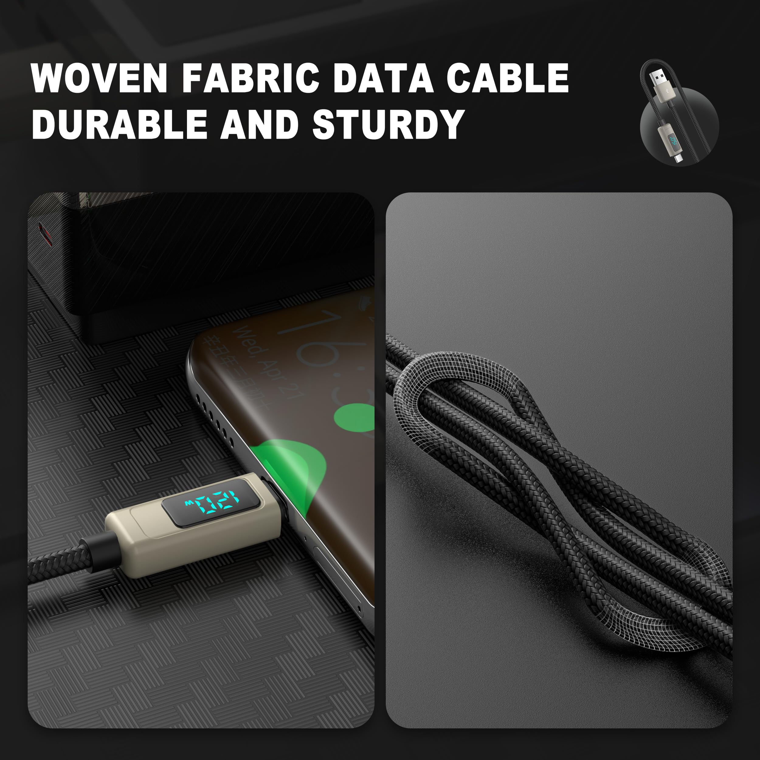 VEN-DENS USB to USB C Fast Charging Cable 1.5m with Digital Display - 2A 8W Braided Charger Cord for iPhone 15 Pro, Samsung Galaxy S22/S21, Pixel, iPad, PS5 - Perfect for Home, Office & Travel Charging