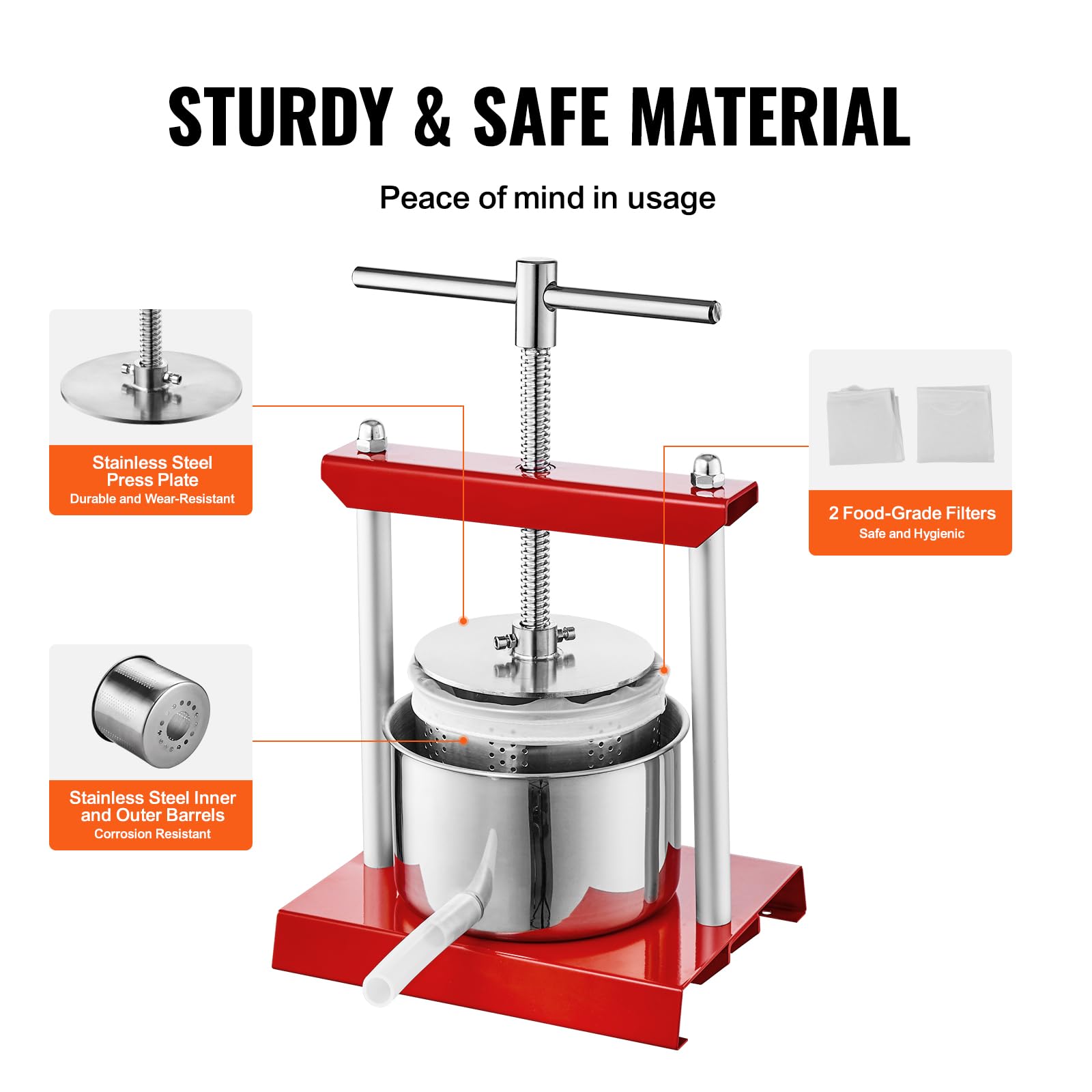 VEVOR 0.53Gal/2L Stainless Steel Fruit Wine Press - Dual Barrel Grape Crusher for Homemade Wine, Cheese, Vegetable & Tincture Making with T-Handle & 3mm Thick Plate - Perfect for Home Brewing, Cider Pressing & DIY Juice Extraction