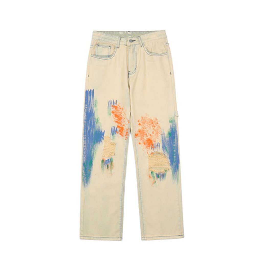 Distressed Graffiti Ripped Straight Denim Jeans for Men - Hip Hop Fashion Washed Denim Pants (Color A, Size XL) - Perfect for Streetwear, Concerts and Casual Outfits