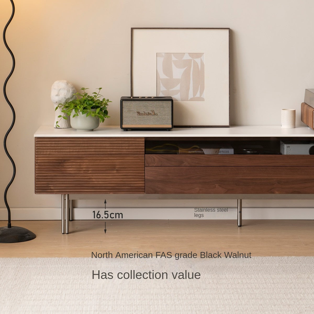Modern Black Walnut Solid Wood TV Stand with Rock Panel Design - Stylish Entertainment Center for Living Room, Home Theater & Media Storage