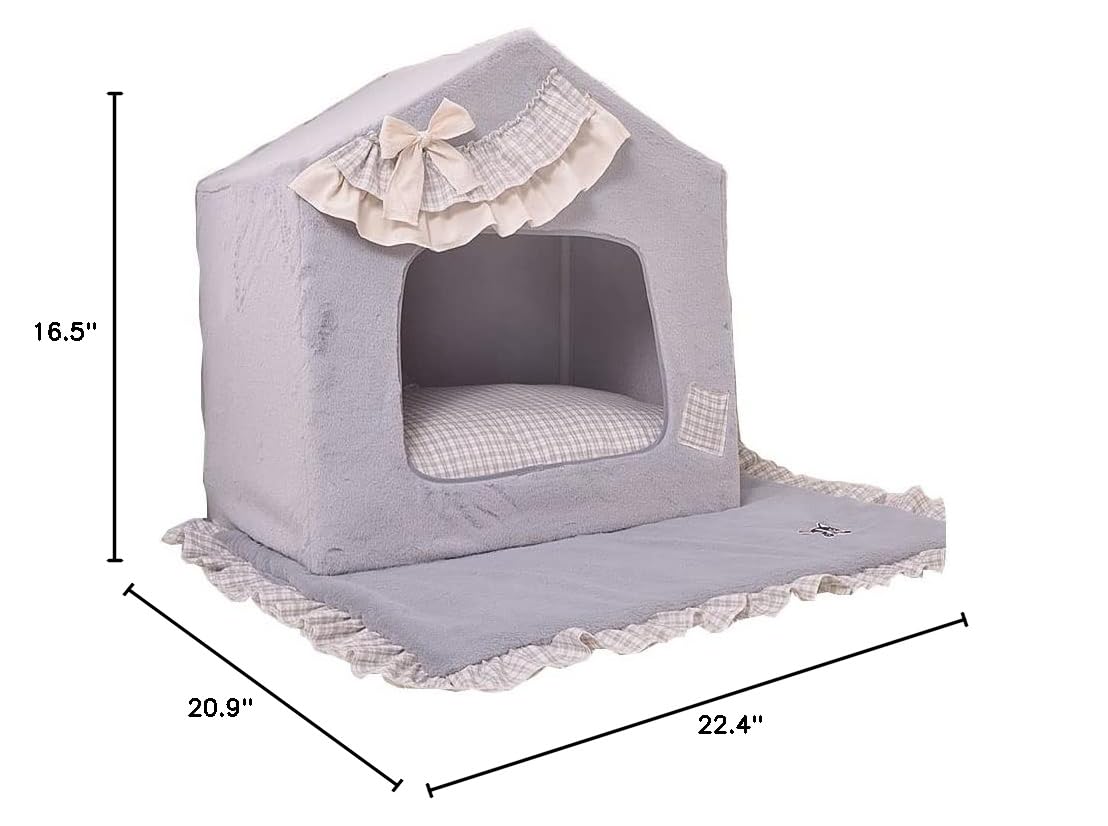 Handmade Princess Pet Bed for Small Dogs & Cats - Cozy Washable Sofa Cushion with Removable Cover, Warm Frame Tent House (Grey Grid, Medium) - Perfect for Indoor Lounging & Winter Snuggles