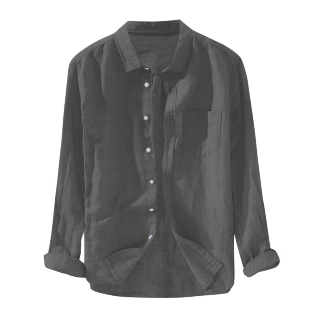Vintage Linen Shirts for Men - Breathable Long Sleeve Button Down Shirt with Pocket - Summer Beach Casual Wear & Outdoor Travel Outfit