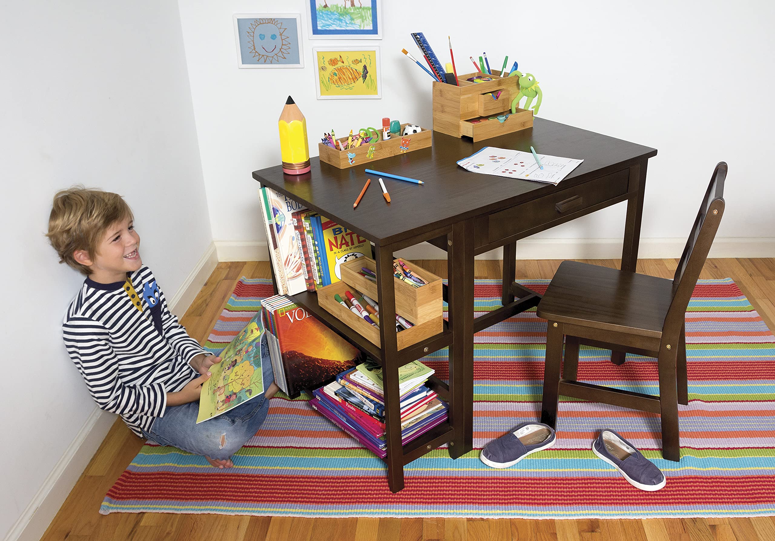 Lipper International 584WN Kids Wooden Study Desk and Chair Set with Walnut Finish - Perfect for Homeschooling, Remote Learning & Children's Bedroom Study Area