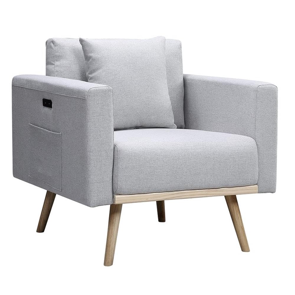 Lilola Home Easton Light Gray Linen Fabric Chair with USB Charging Ports, Side Pockets & Removable Pillows - Modern Living Room, Office, Dorm Room Seating Solution