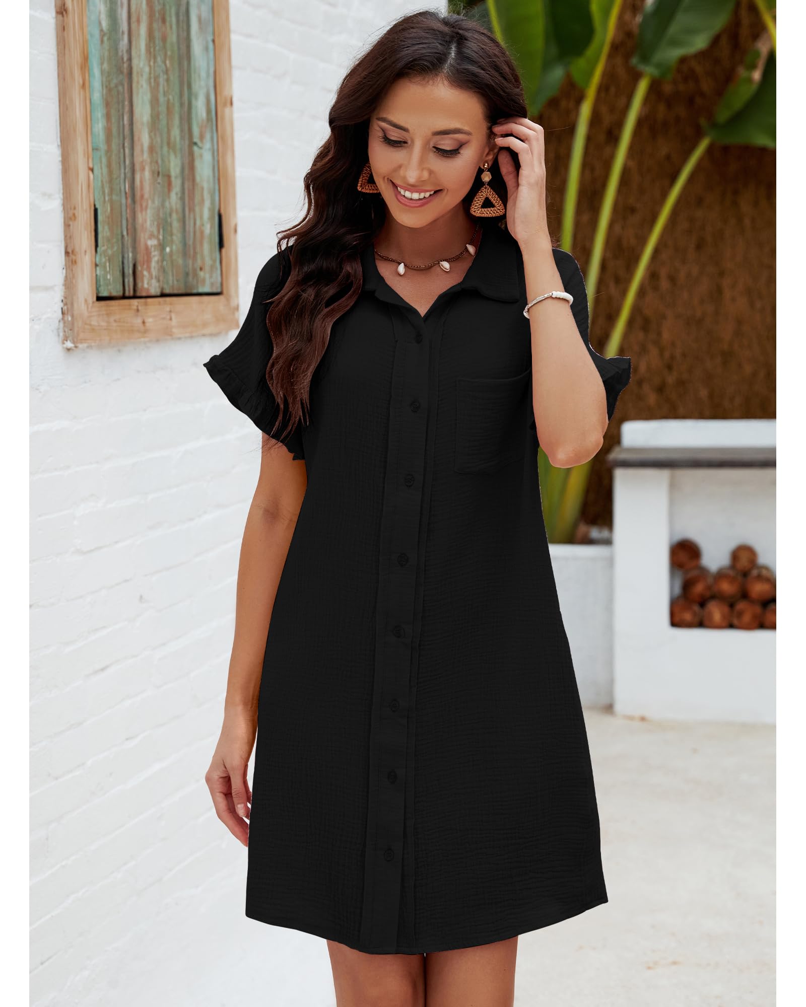 Luvamia Women's Cotton Beach Cover Up Dress - Casual Button Down Shirt Dress with Ruffle Sleeves & Pockets | Summer Swimwear, Vacation Outfit, Poolside Lounge Wear