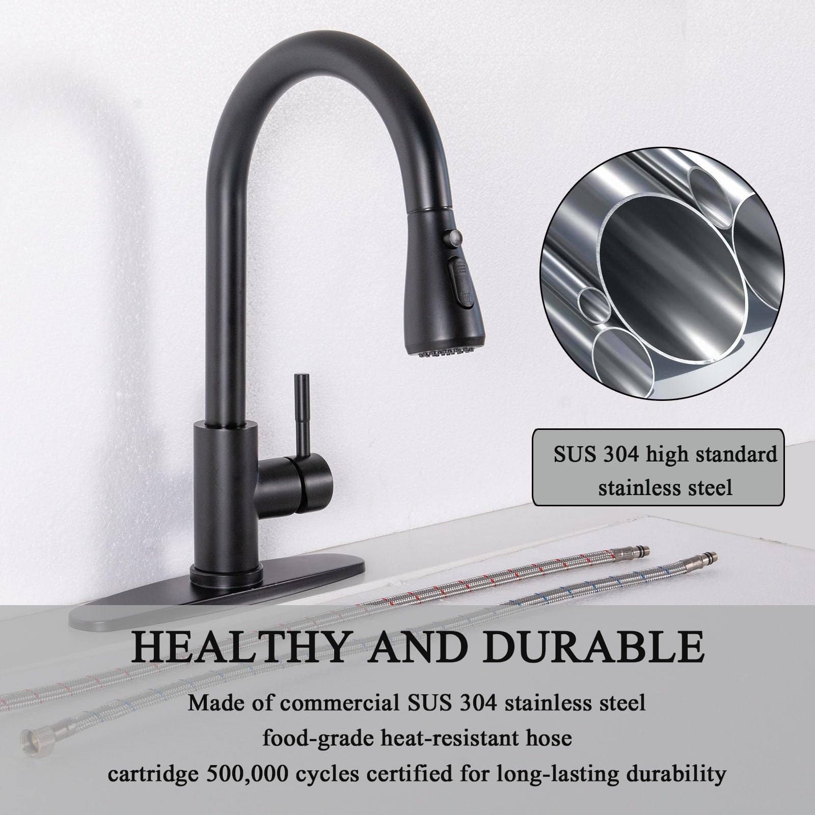 Matte Black Single Handle Pull Down Sprayer Kitchen Faucet, Stainless Steel Sink Faucet for Bar, Laundry, RV & Farmhouse, Ideal for Modern and Rustic Kitchens