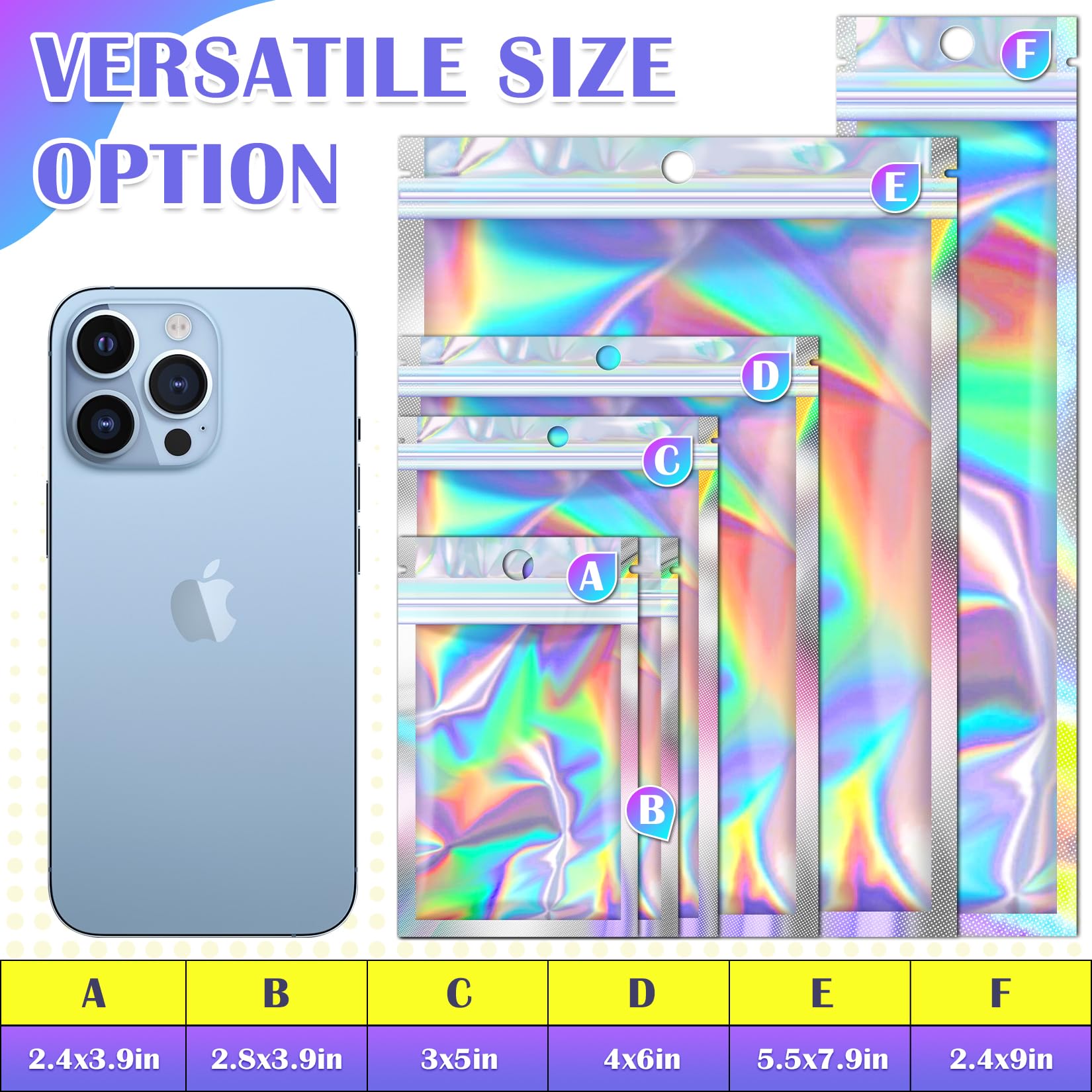 100 Pcs 3x5in Mylar Bags - Holographic Smell Proof Resealable Foil Pouches for Candy, Treats, Jewelry & Bracelets | Small Business Packaging, Freshie Bags & Sample Bags - Perfect for Retail, Gifts & Storage